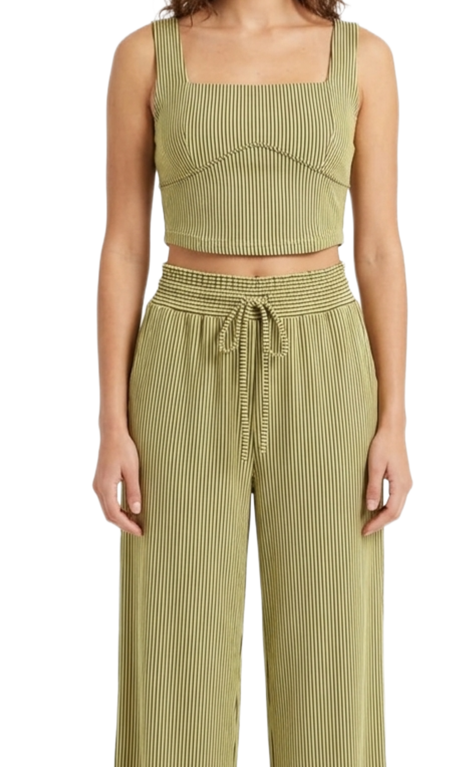 Conjunto verde de top y pantalón acanalado con rayas negras
