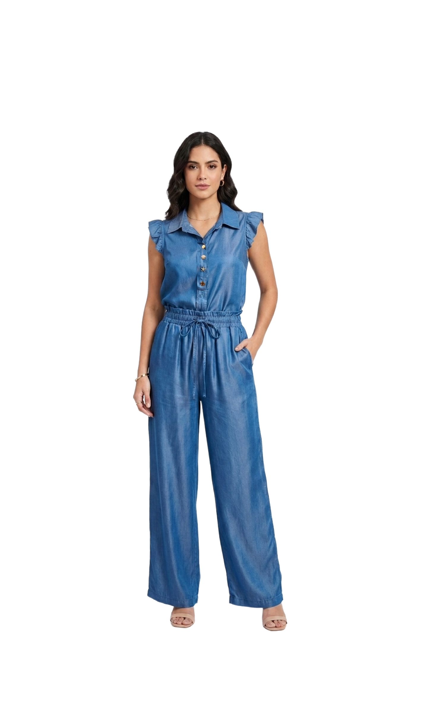 Conjunto azul de blusa con botones metalicos de figuras