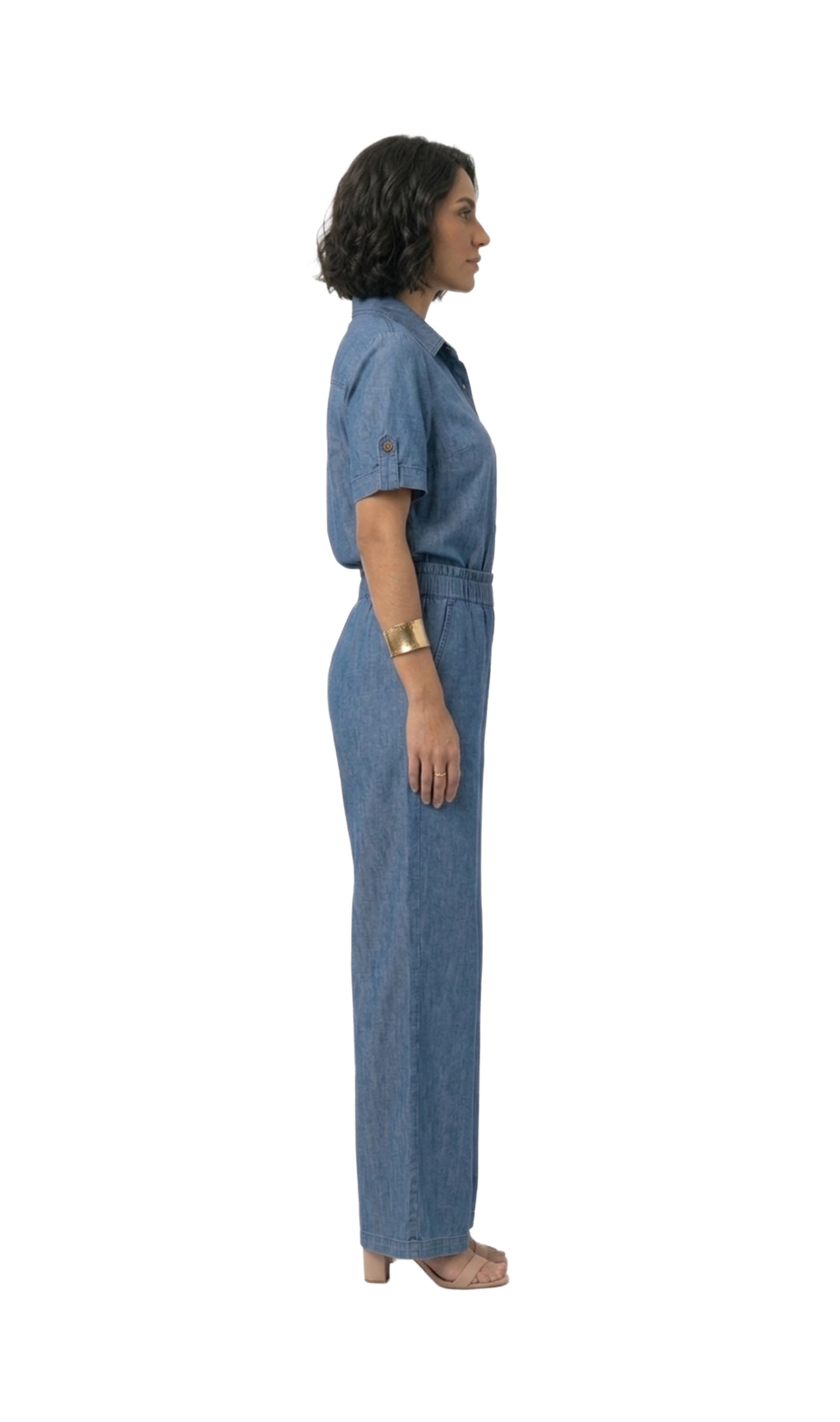 Conjunto azul de blusa abotonada con pantalon