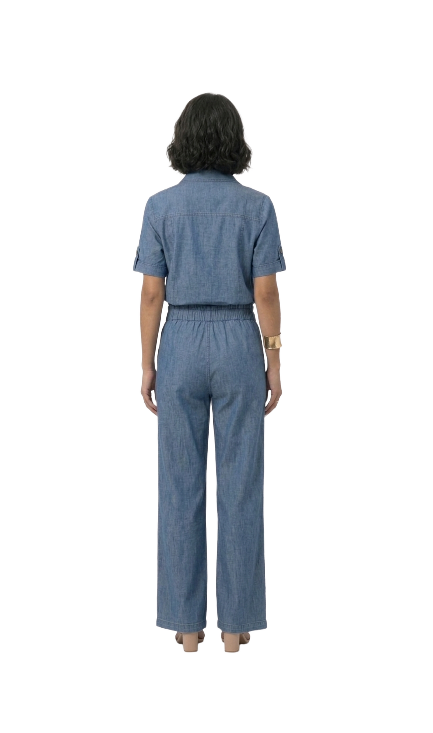 Conjunto azul de blusa abotonada con pantalon
