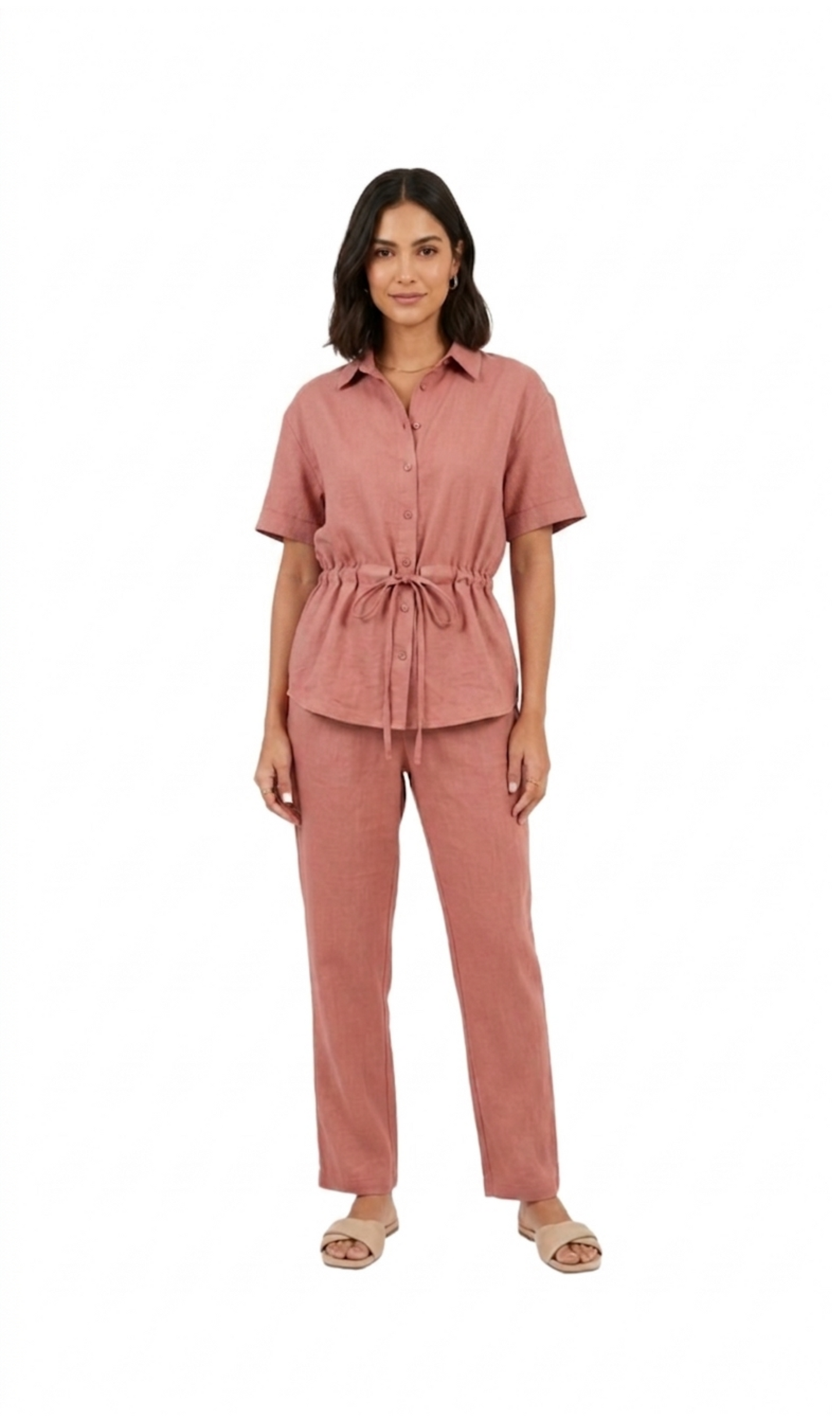 Conjunto rosa abotonado con ajuste en cintura,  pantalón con elastico