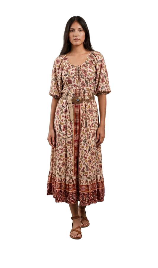 Vestido floreado manga tres cuatros con amarre en espalda