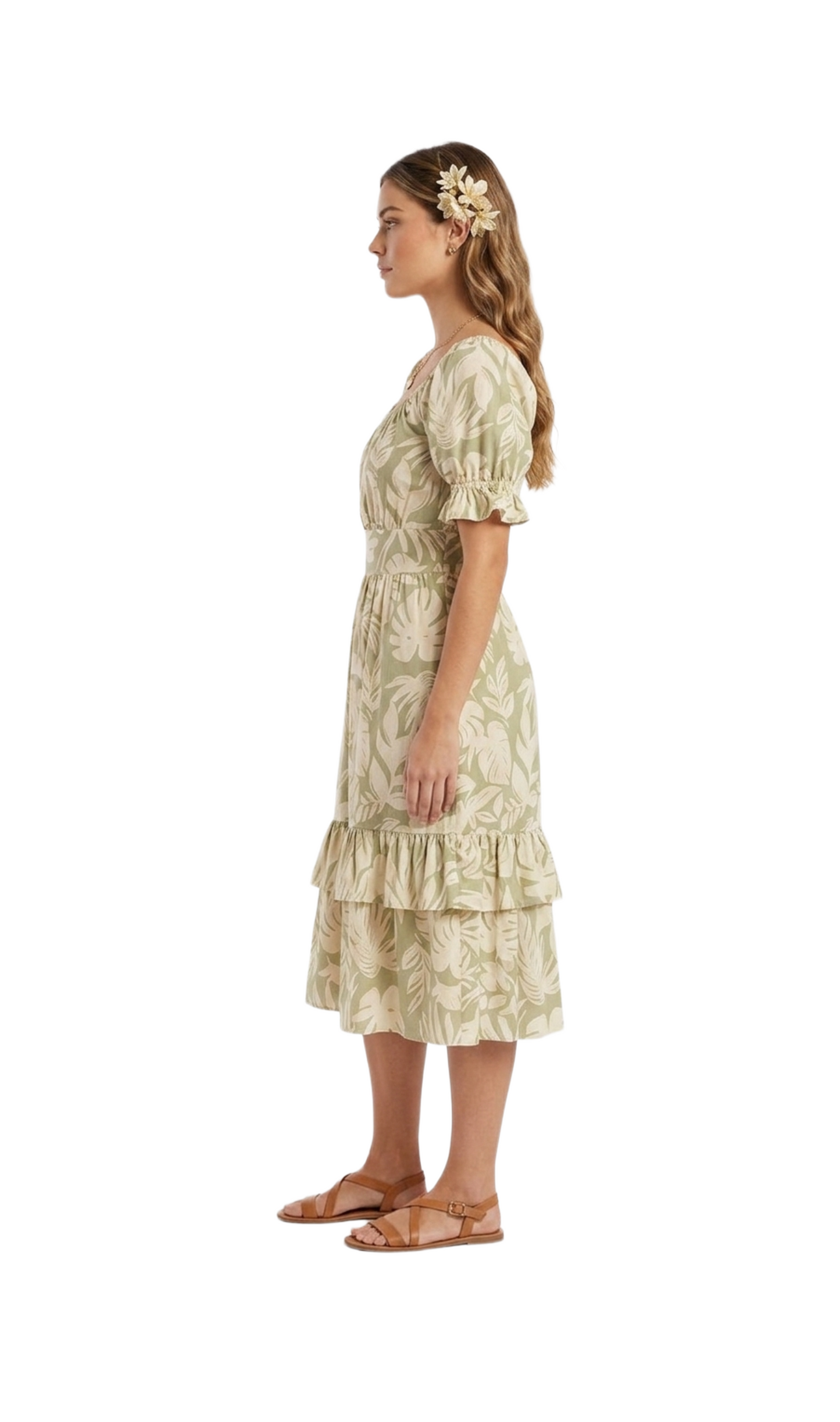 Vestido verde con flores beige