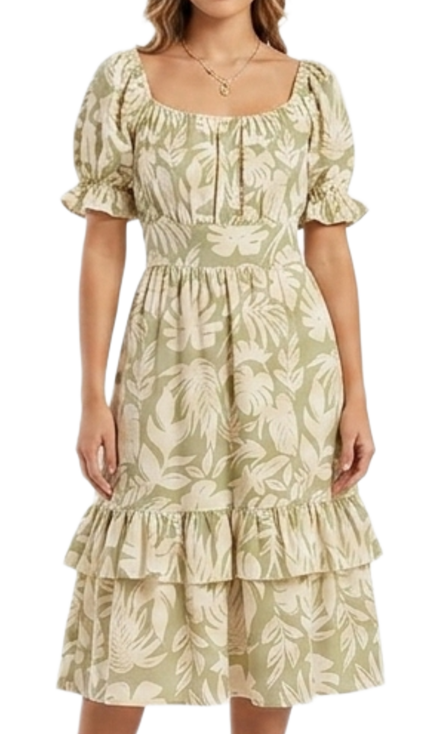 Vestido verde con flores beige