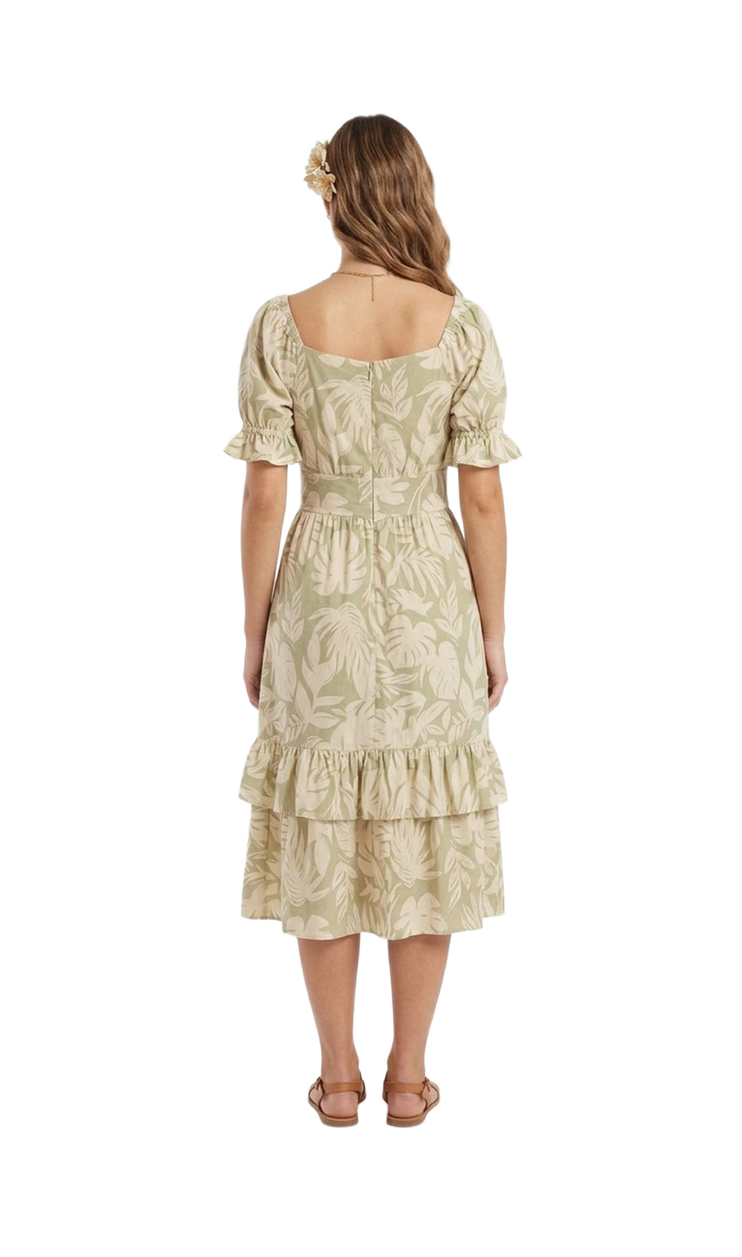 Vestido verde con flores beige