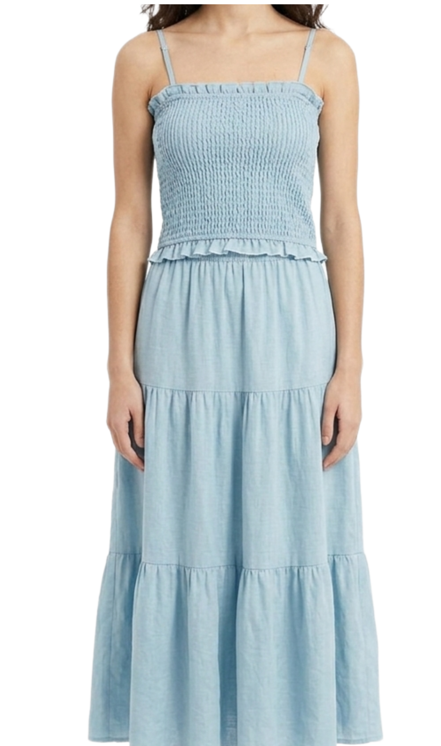 Conjunto azul de blusa con elásticos y falda tipo boho