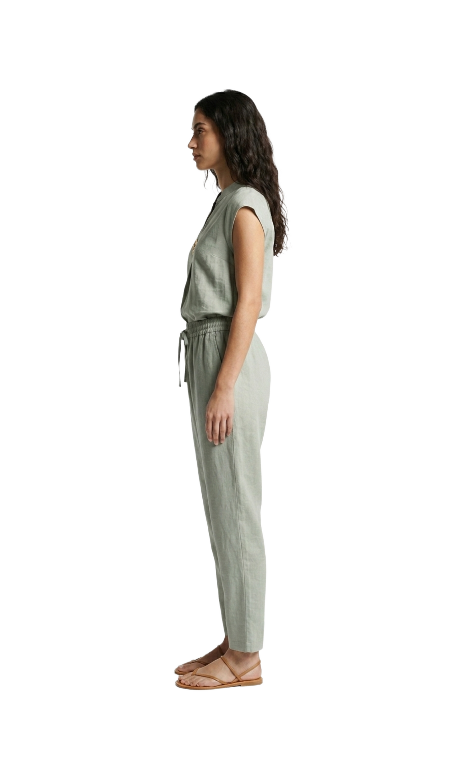 Conjunto de lino de blusa con prendedor y pantalon con elastico en cintura