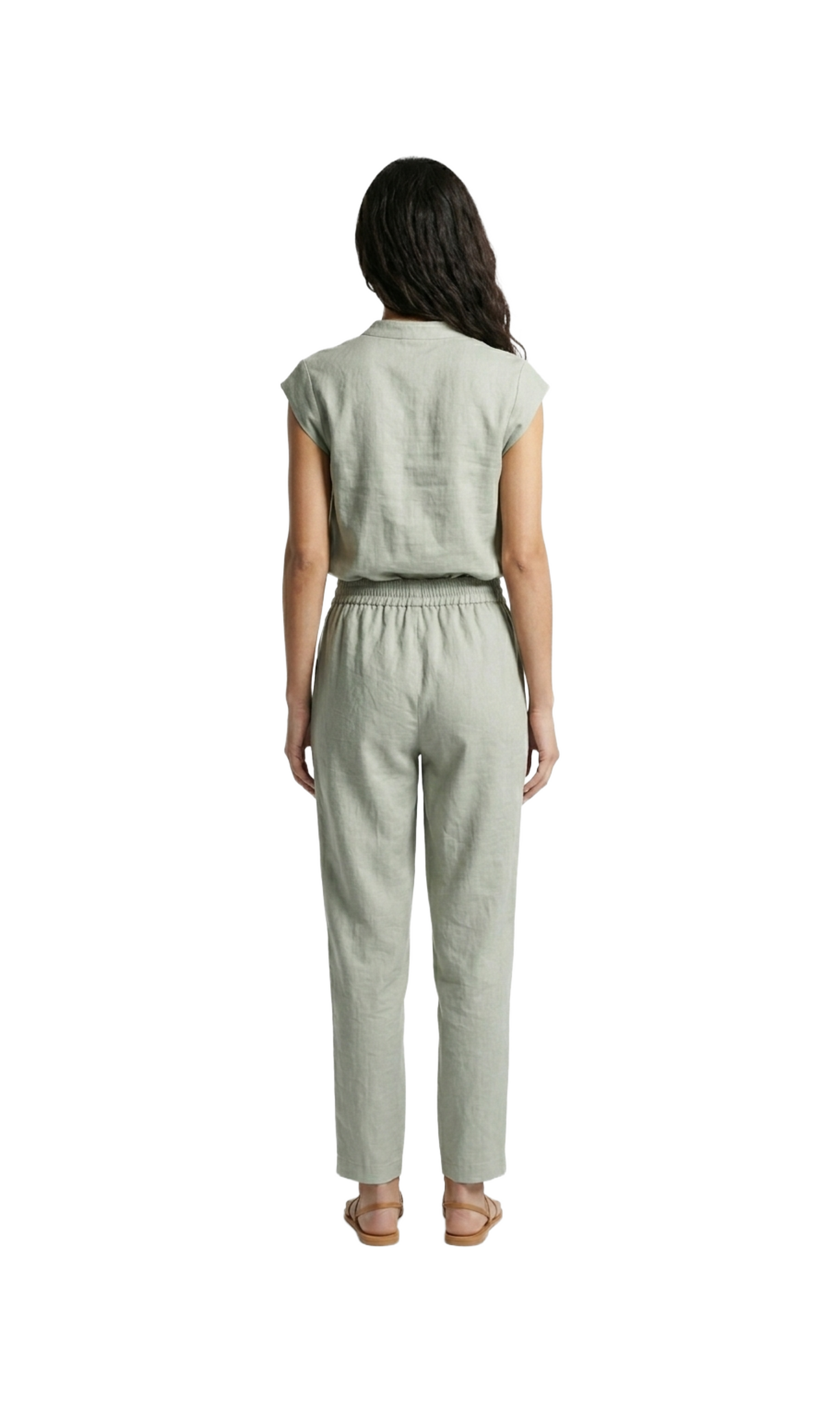 Conjunto de lino de blusa con prendedor y pantalon con elastico en cintura