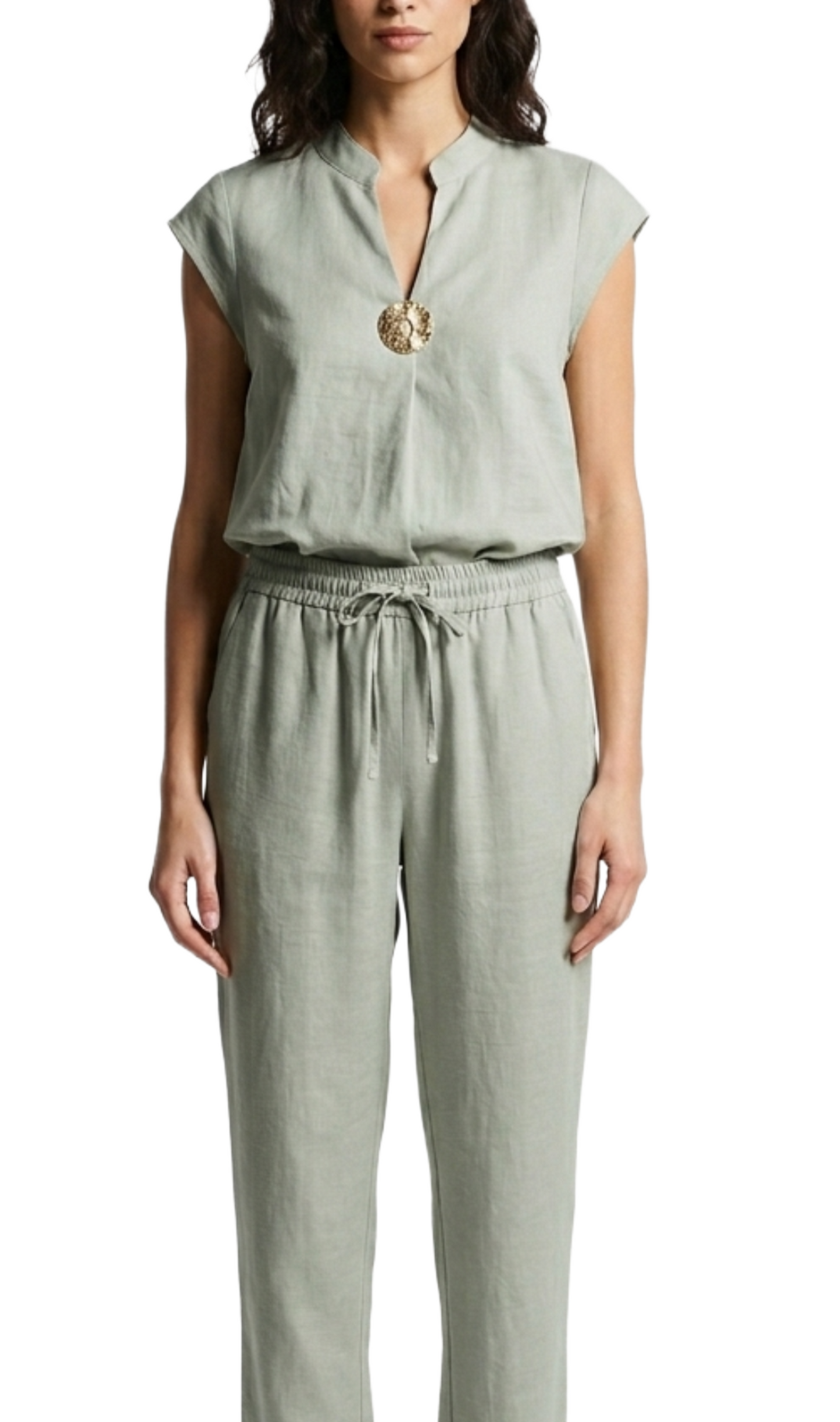 Conjunto de lino de blusa con prendedor y pantalon con elastico en cintura