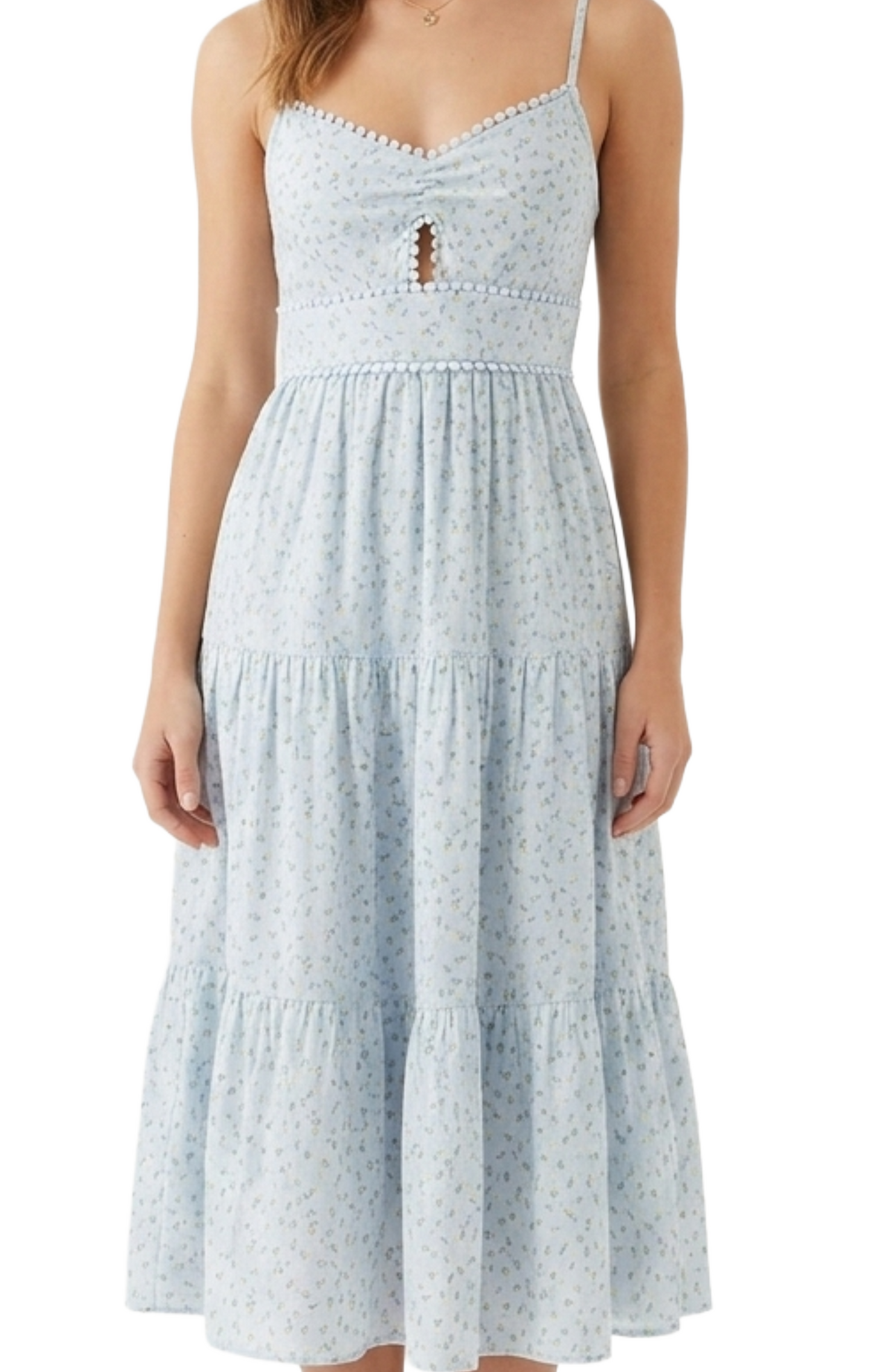 Vestido azul de tirantes con estampado floreado y escote discreto