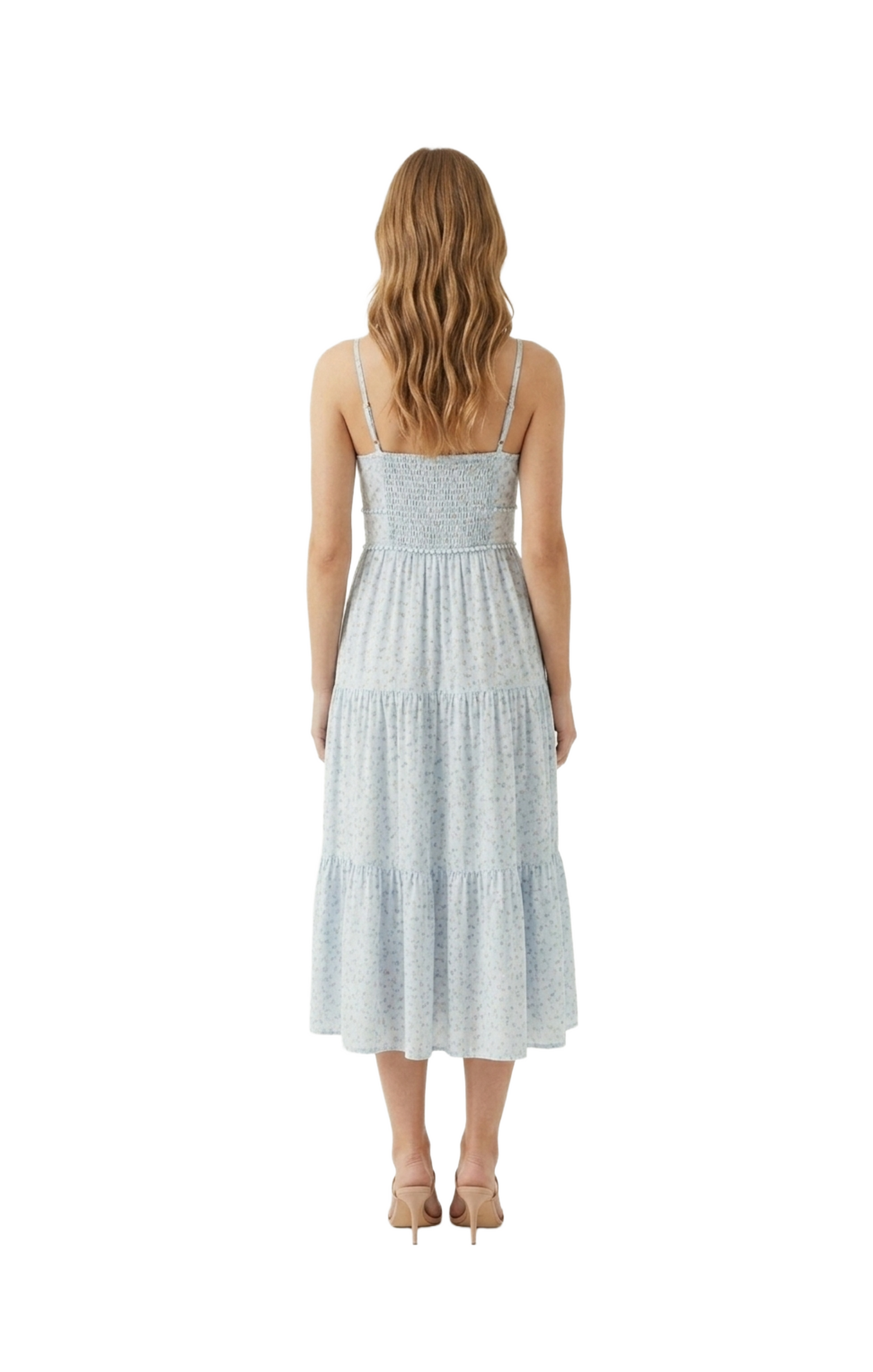 Vestido azul de tirantes con estampado floreado y escote discreto