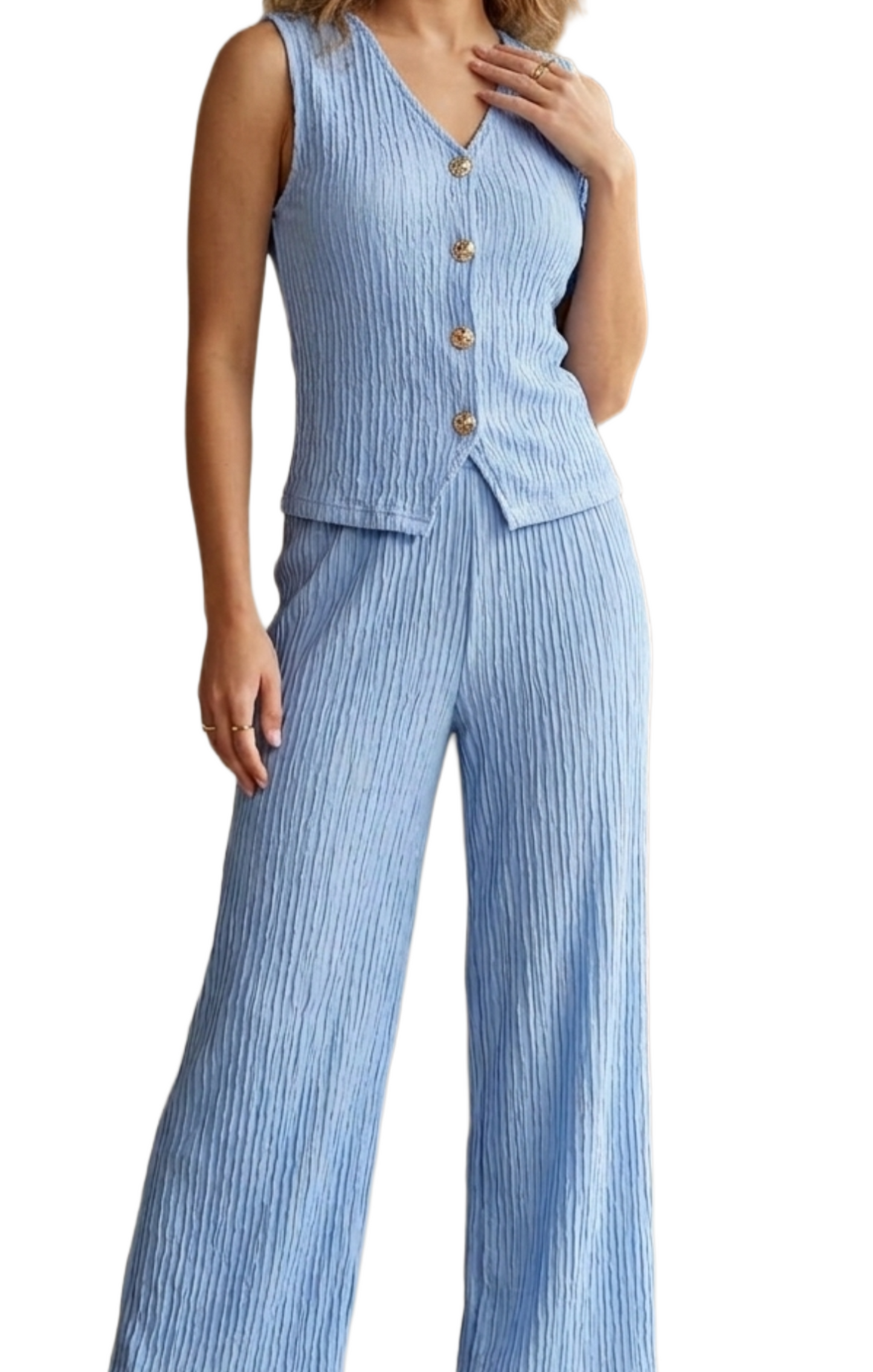 Conjunto azul acanalado de chaleco y pantalón
