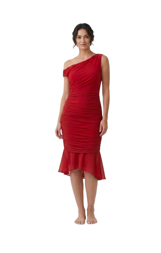 Vestido rojo entallado plisado de los laterales