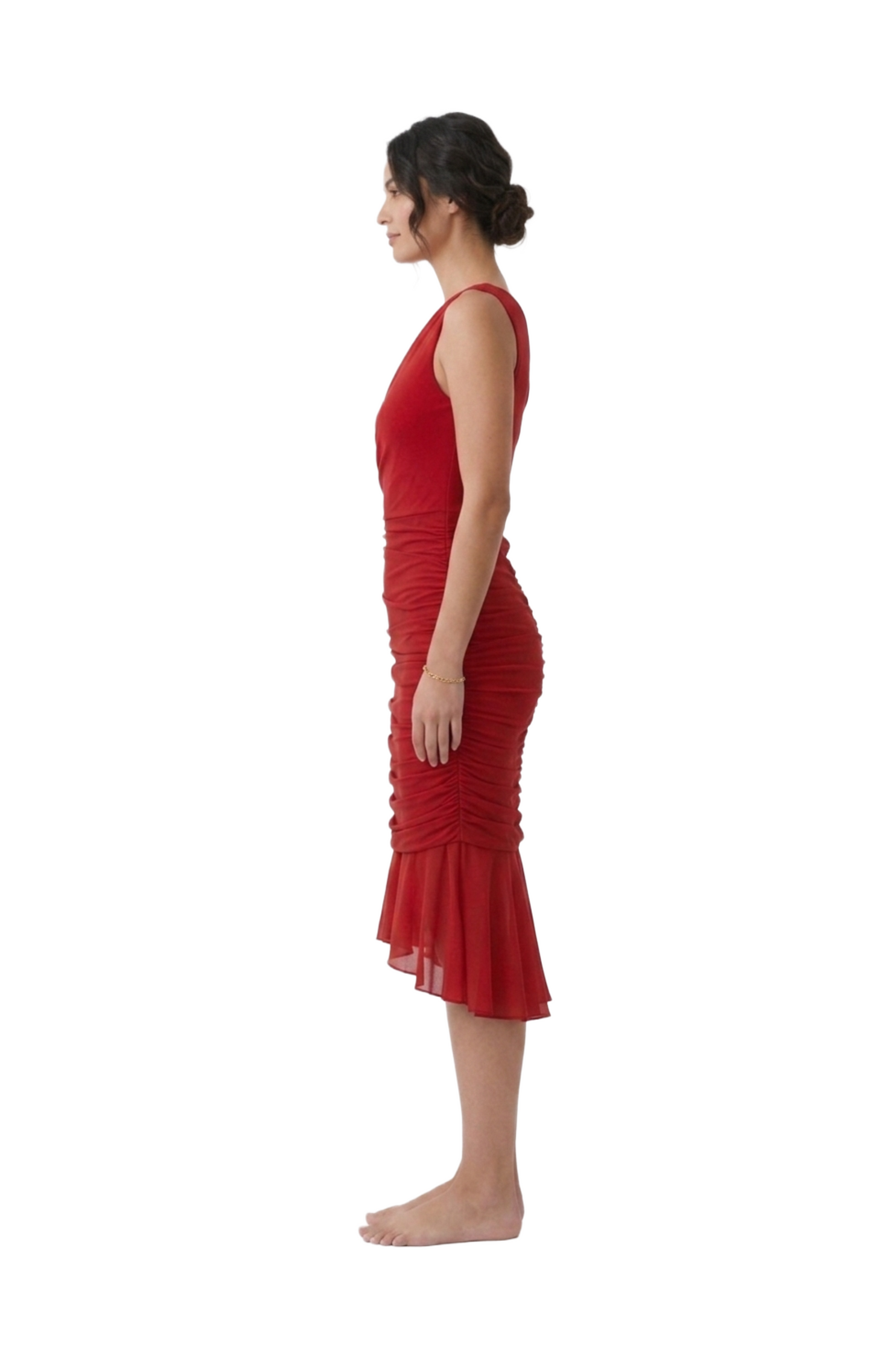 Vestido rojo entallado plisado de los laterales