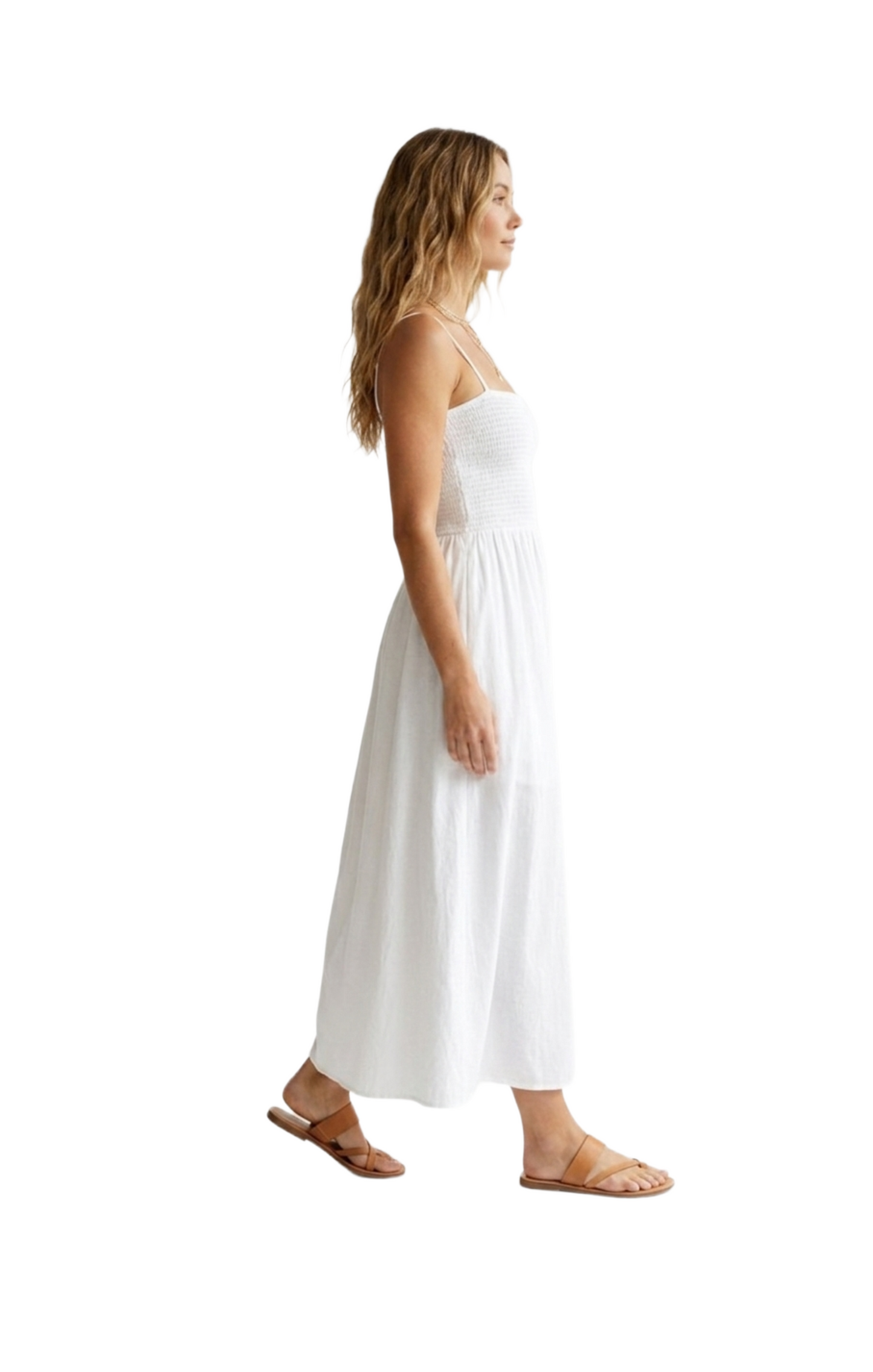 Vestido blanco de tirantes con plisado de elasticos en pecho
