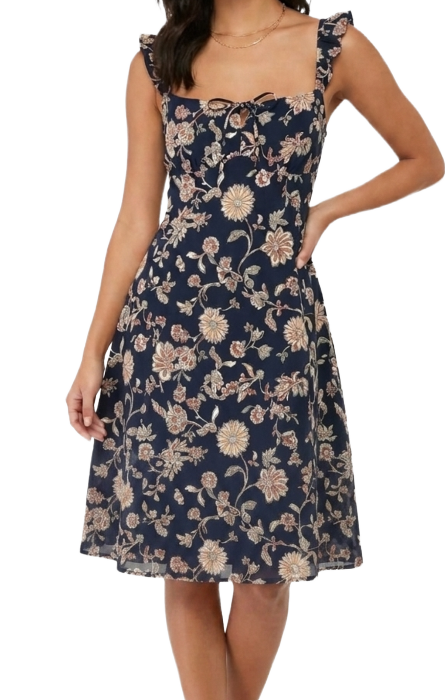 Vestido azul floreado con amarre en pecho
