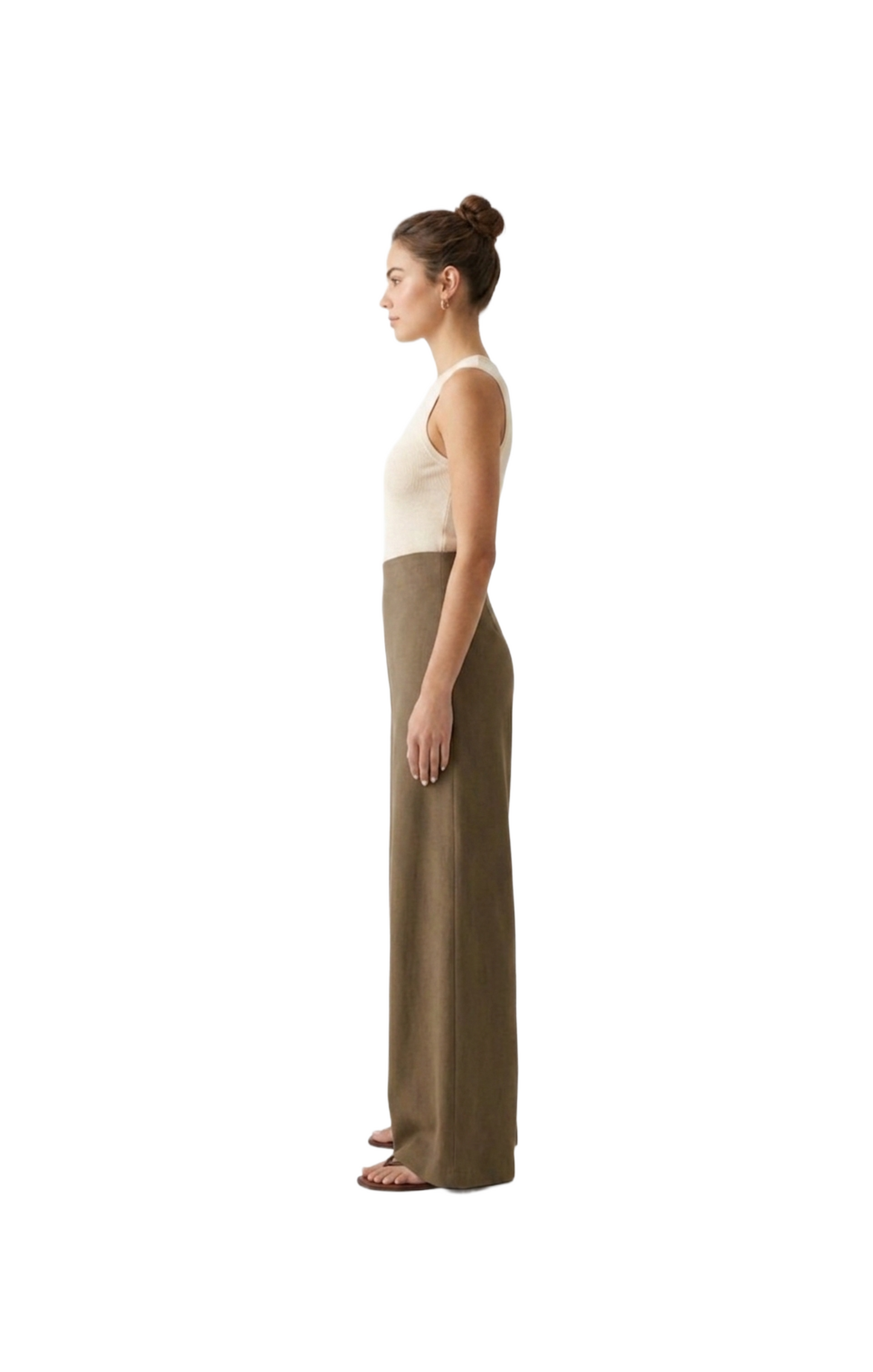 Pantalon cafe amplio corte recto con elastico en cintura