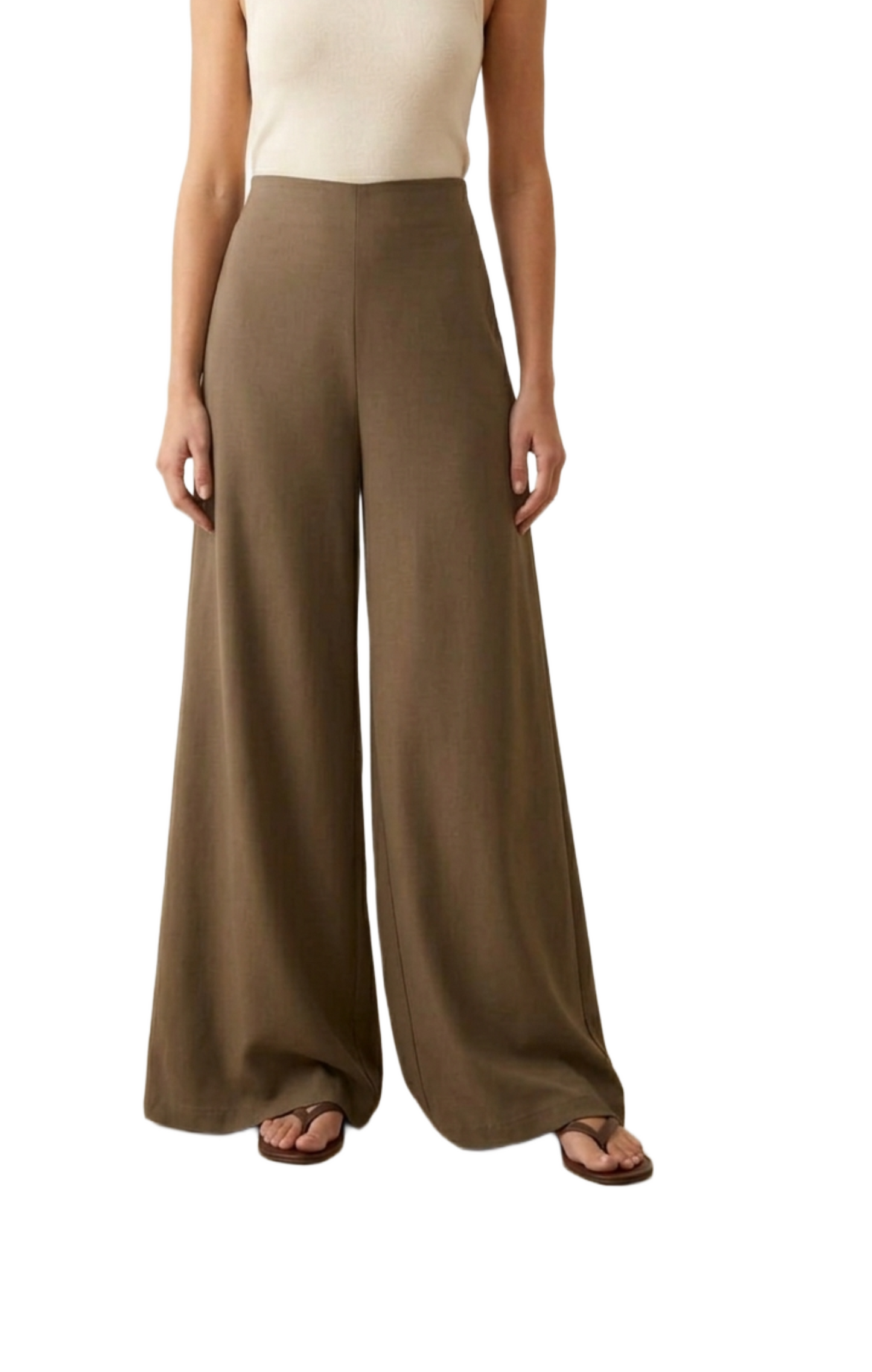 Pantalon cafe amplio corte recto con elastico en cintura