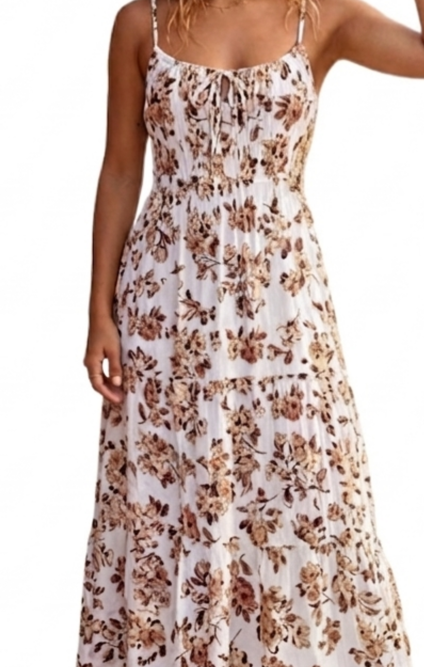 Vestido beige con flores cafes largo de tirantes