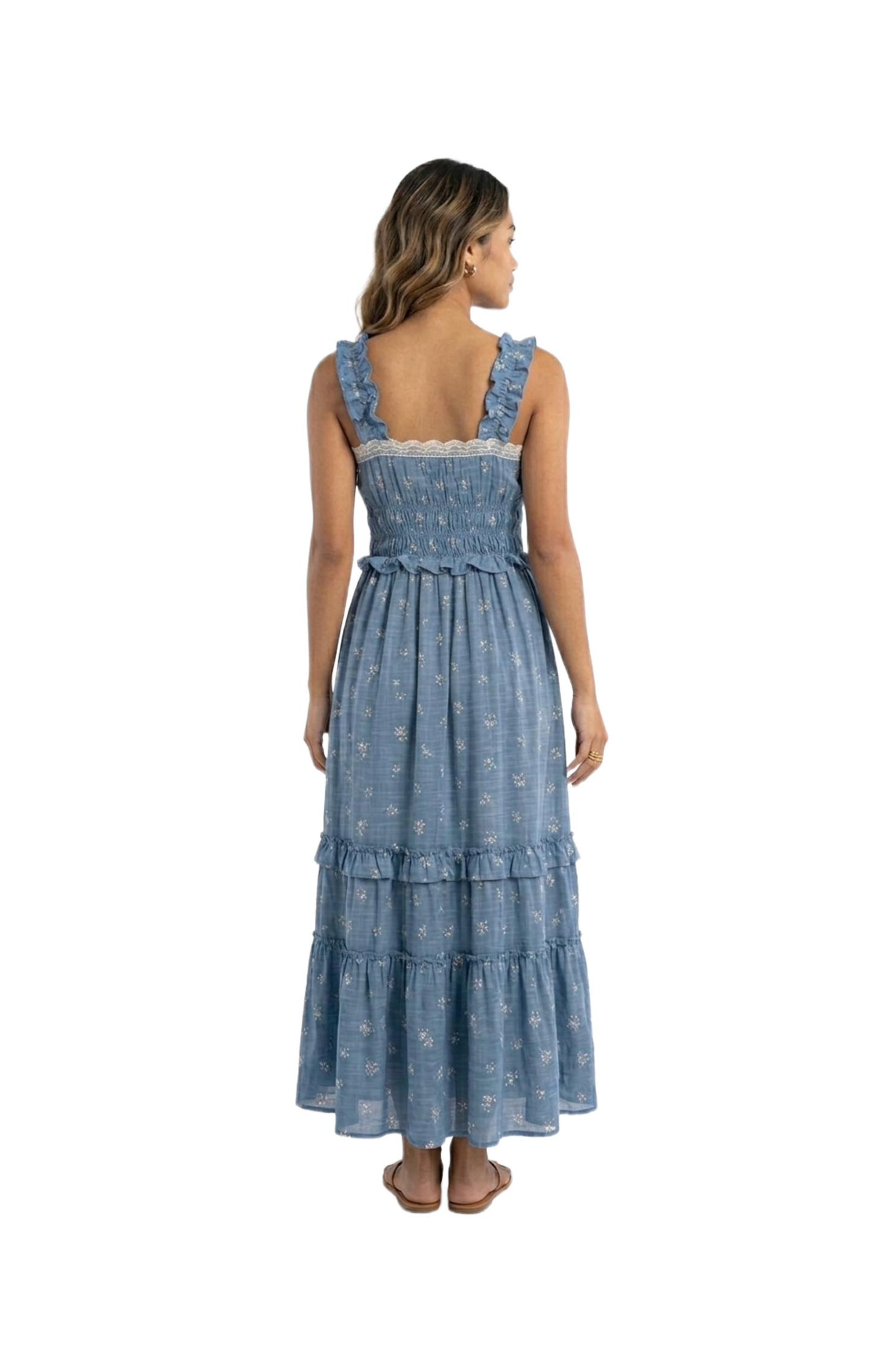 Vestido azul con flores bordeadas