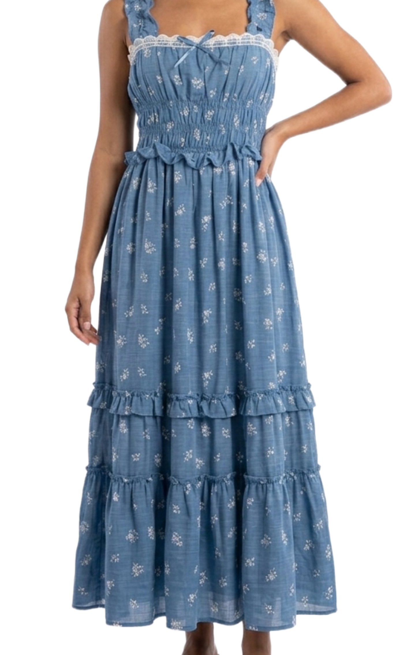 Vestido azul con flores bordeadas