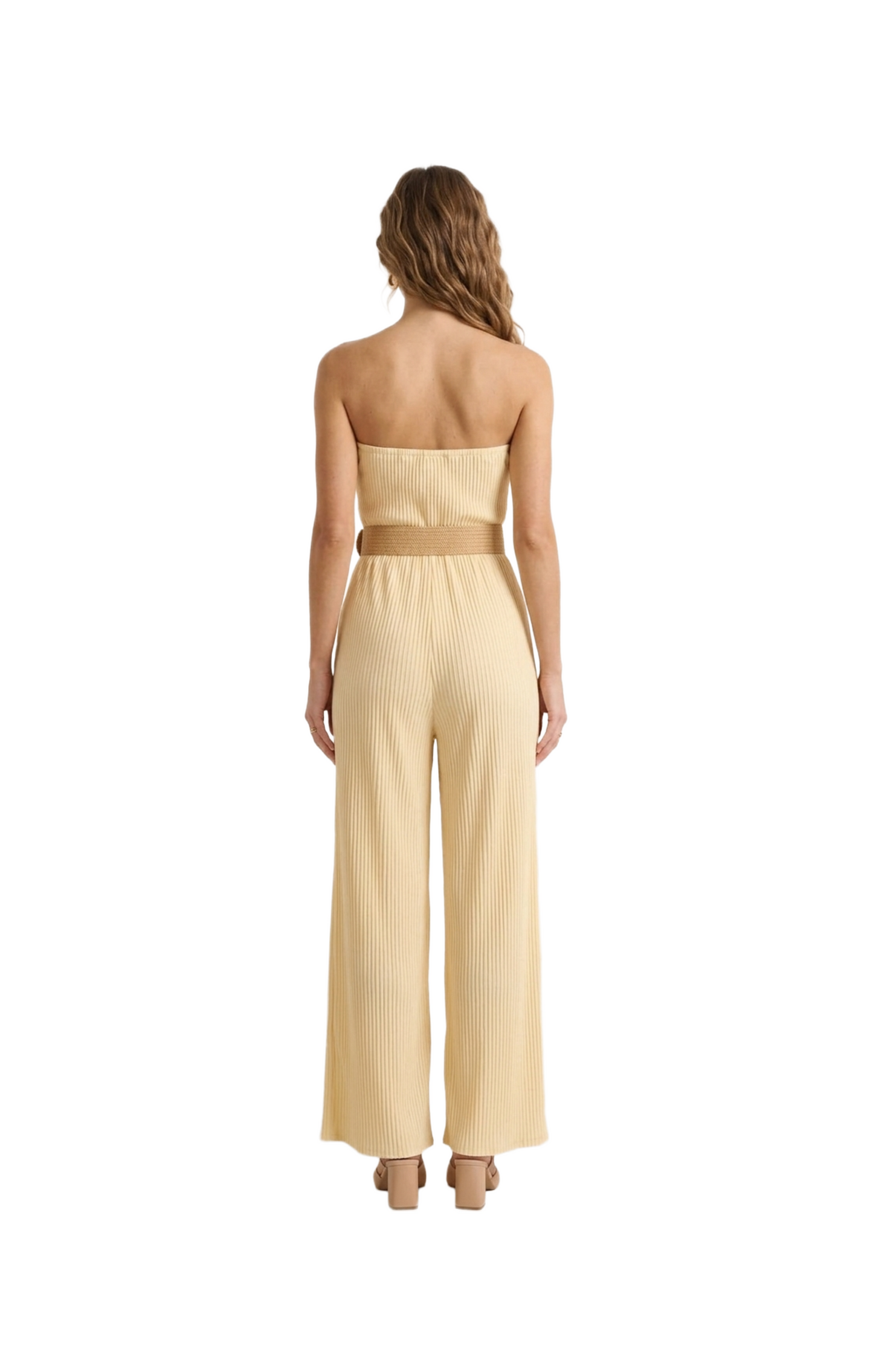 Jumper strapless amarillo acanalado con cinturón de paja