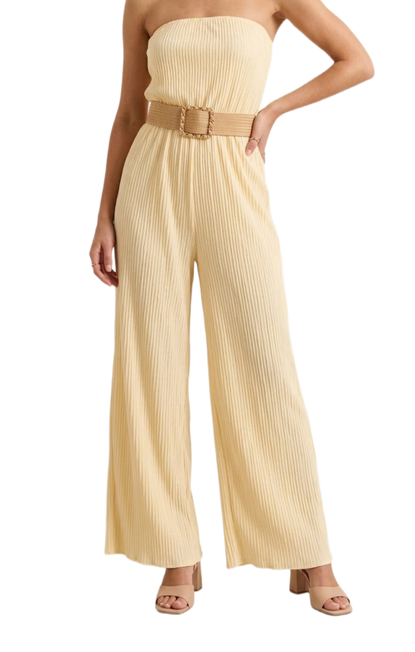 Jumper strapless amarillo acanalado con cinturón de paja