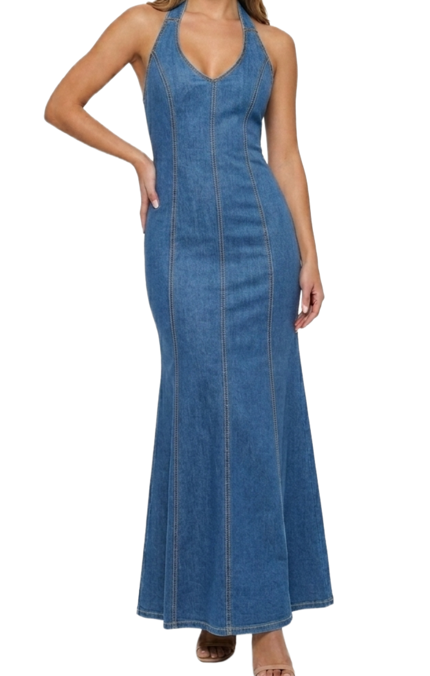 Vestido de mezclilla largo halter con amarre en cuello