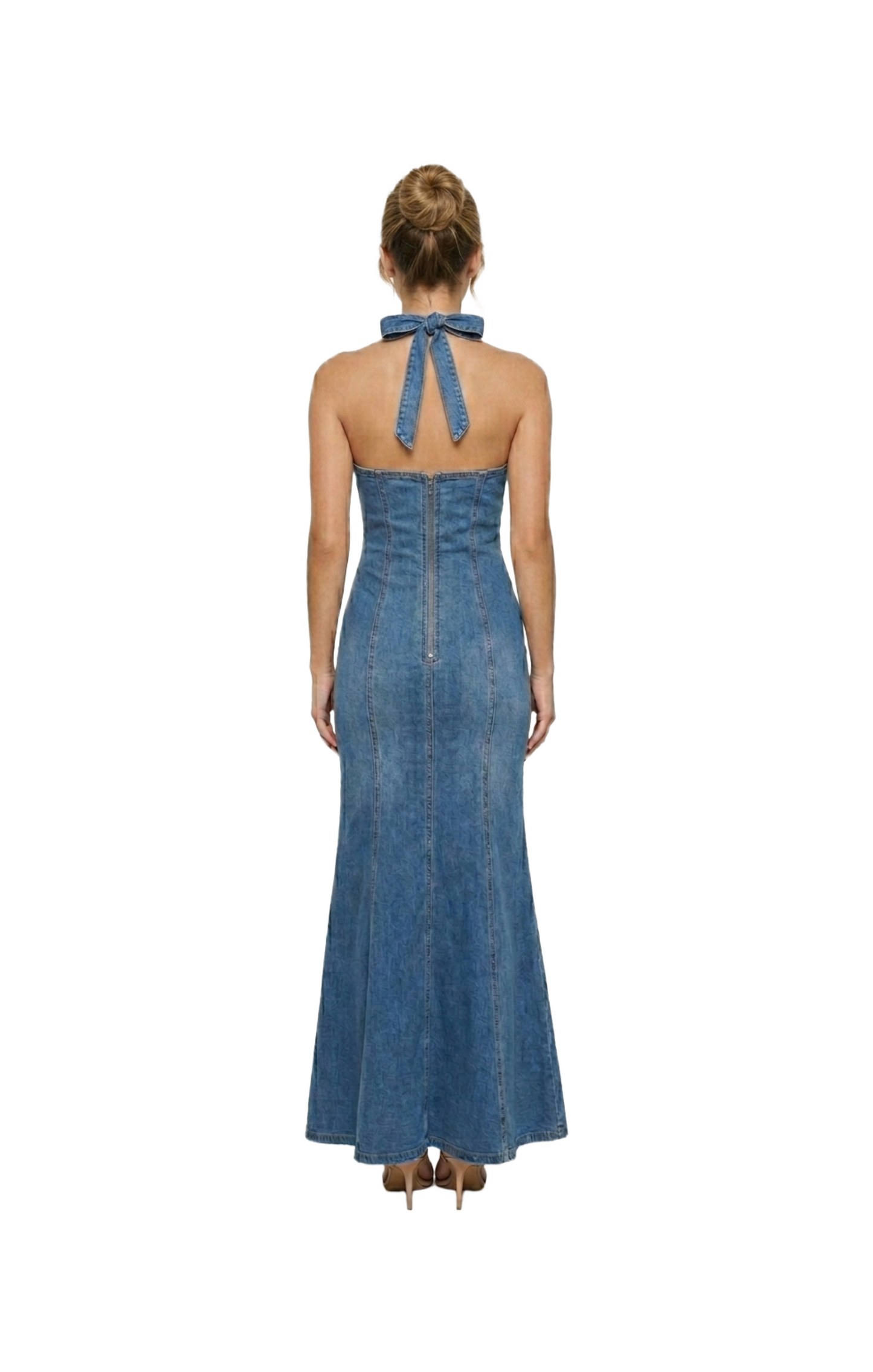 Vestido de mezclilla largo halter con amarre en cuello