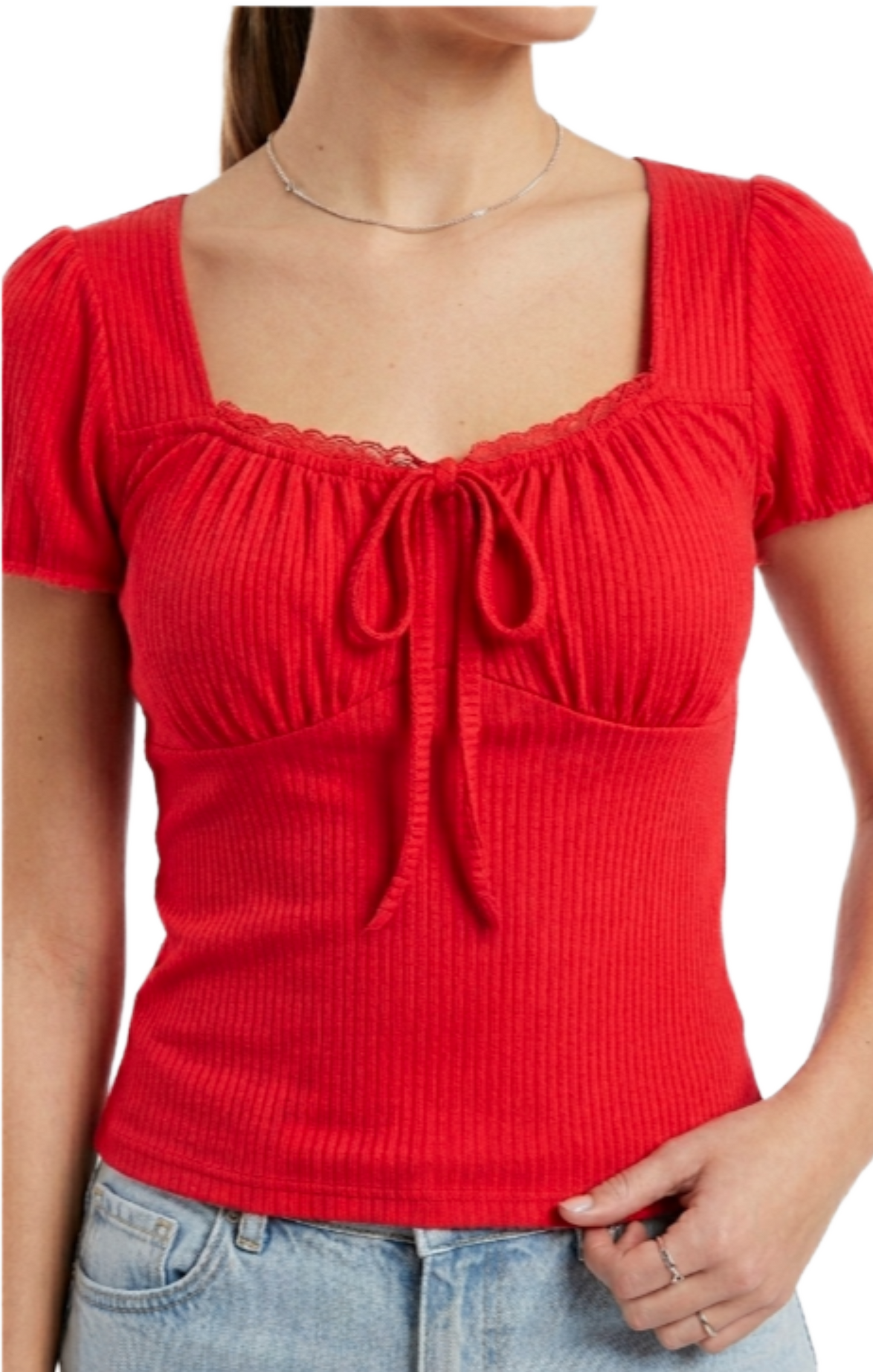 Blusa roja acanalada con detalle de moño en pecho
