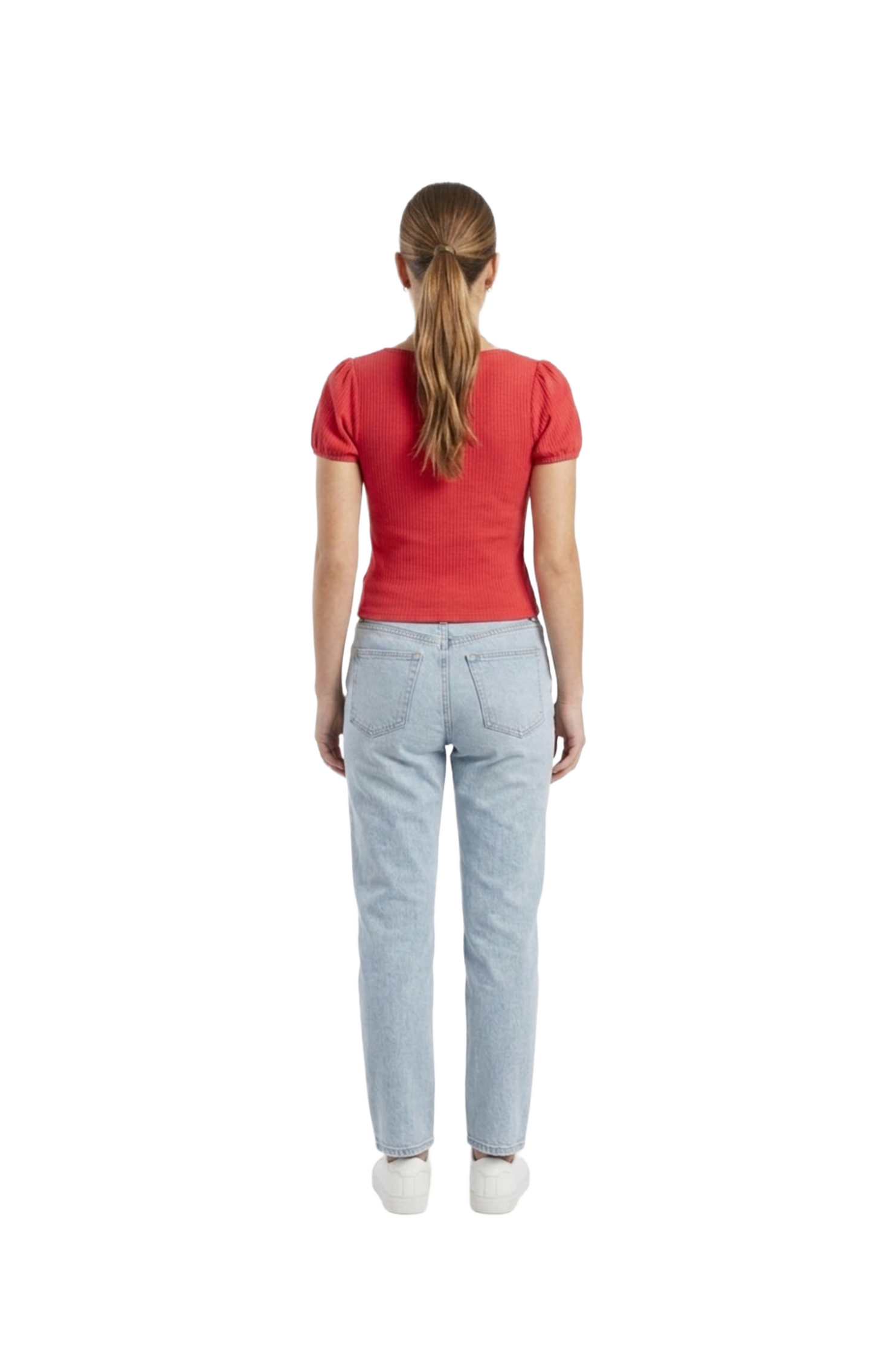 Blusa roja acanalada con detalle de moño en pecho