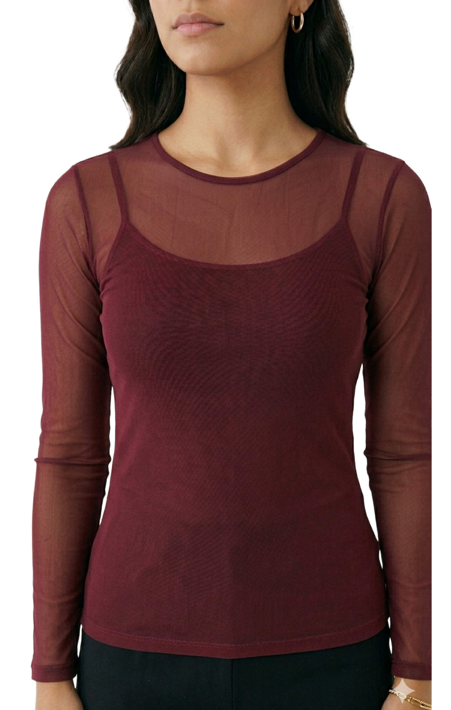 Blusa mesh cuello redondo manga larga