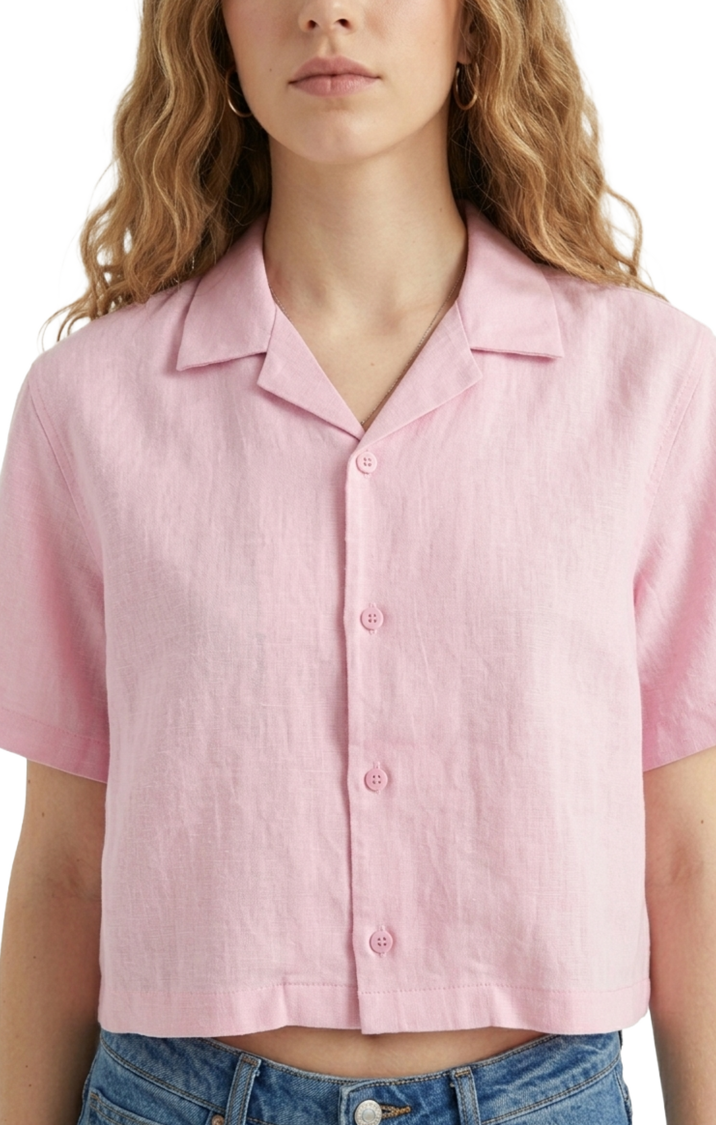 Crop top oversize rosa abotonado de lino