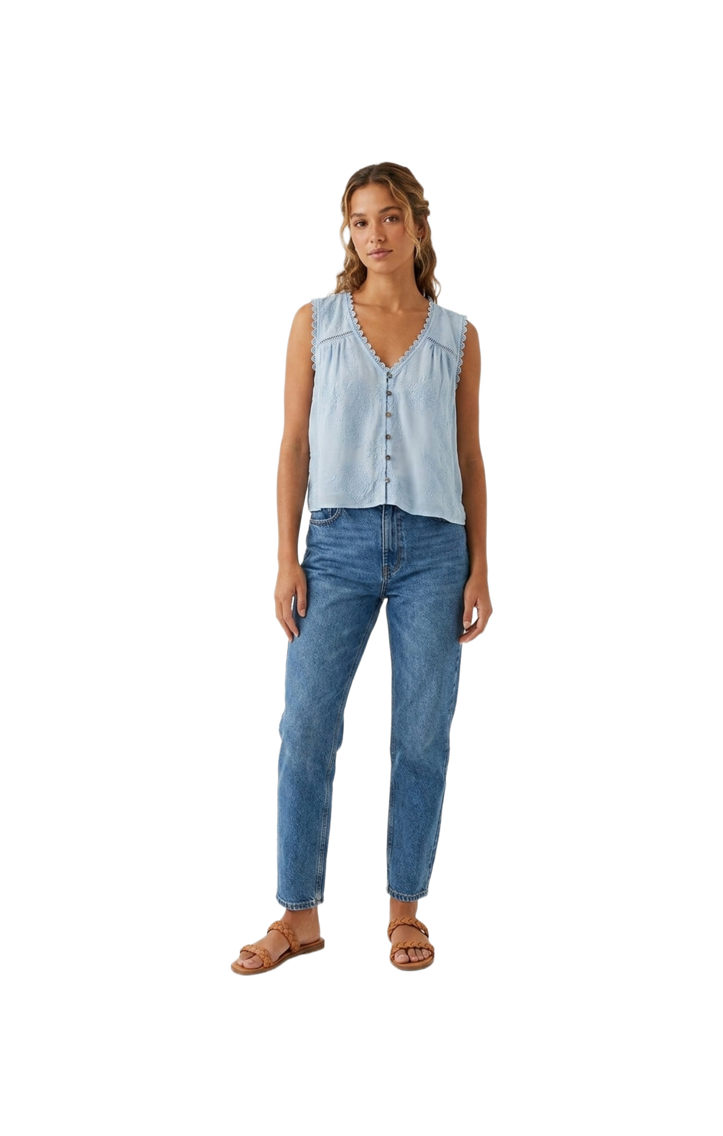 Blusa azul de cuello en V, transparente con aplicaciones de bordado