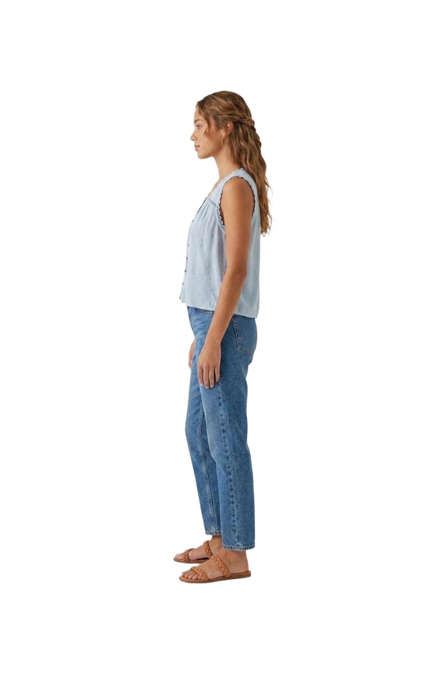Blusa azul de cuello en V, transparente con aplicaciones de bordado