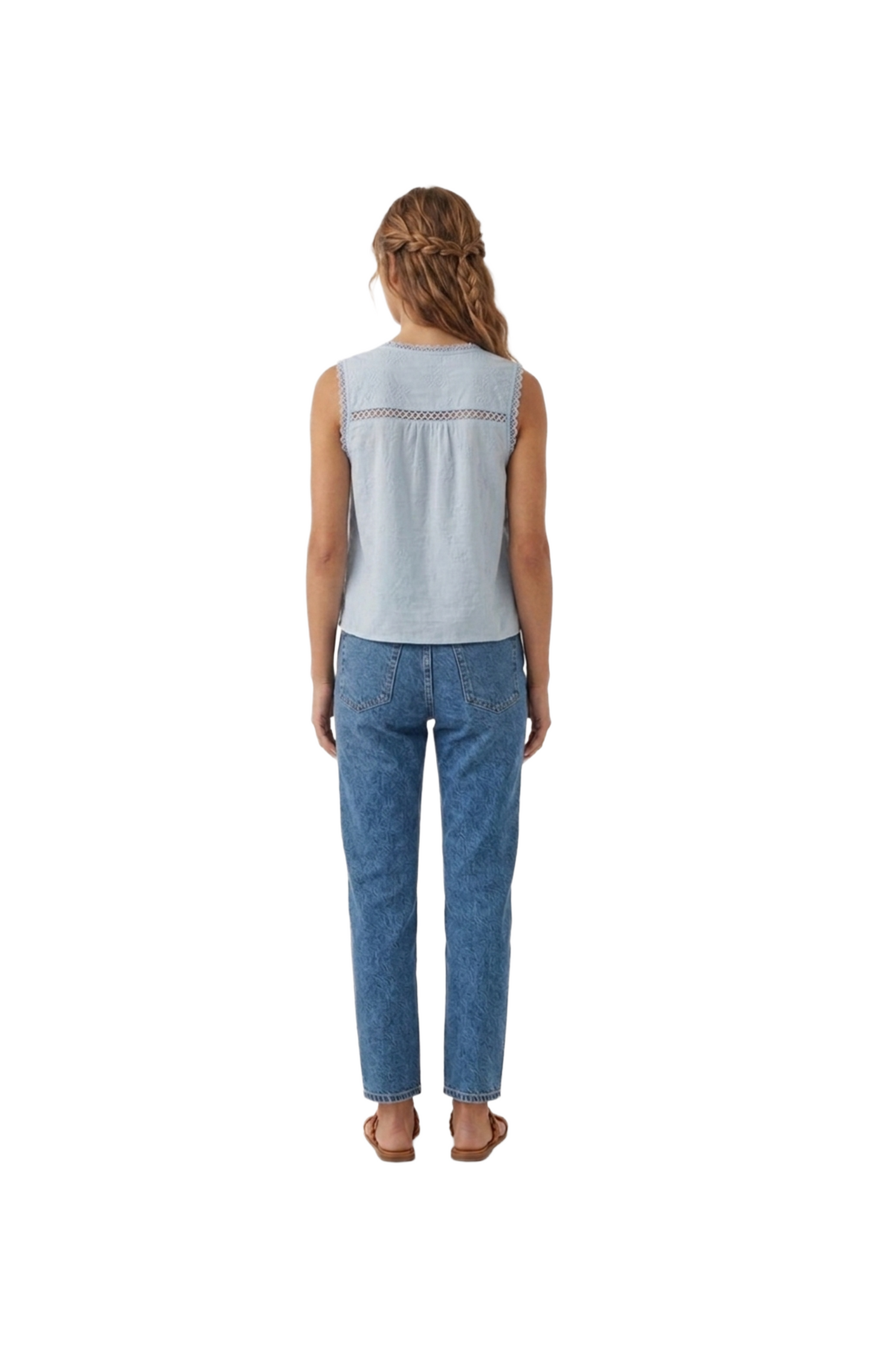 Blusa azul de cuello en V, transparente con aplicaciones de bordado