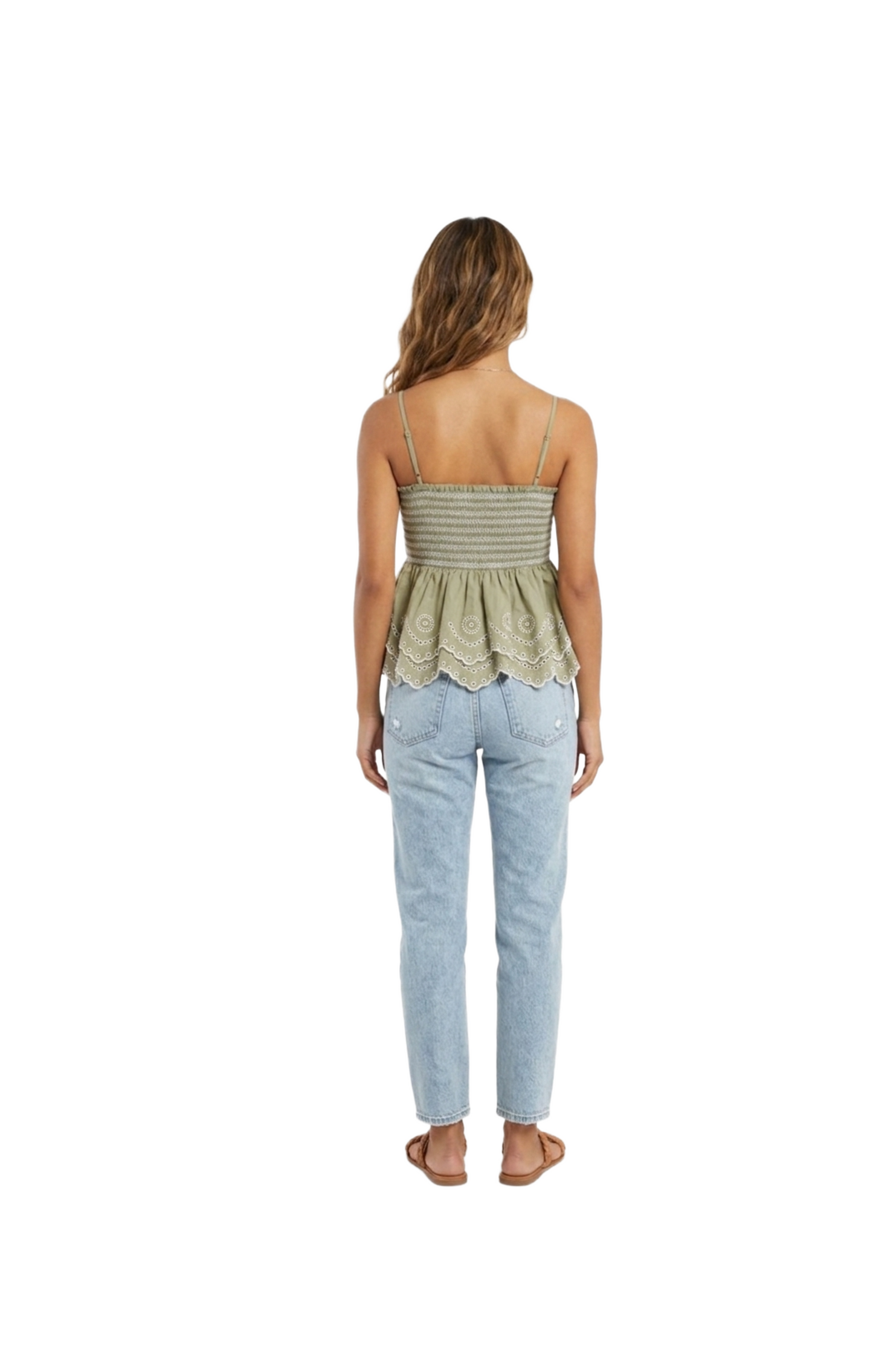 Blusa verde de tirantes con plisado en pecho y bordados decorativos