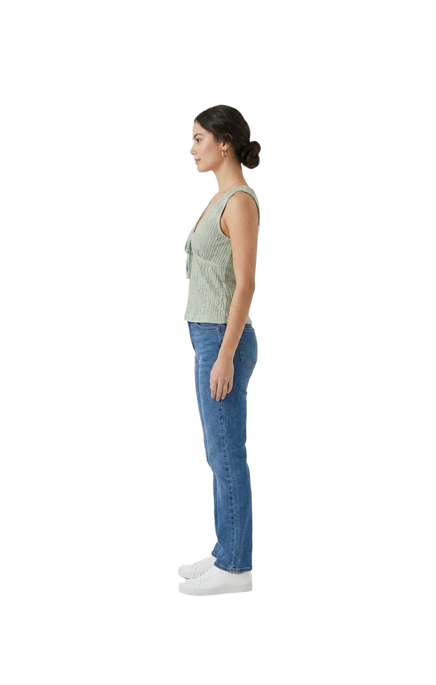 Blusa verde acanalada con escote en V y amarre en pecho