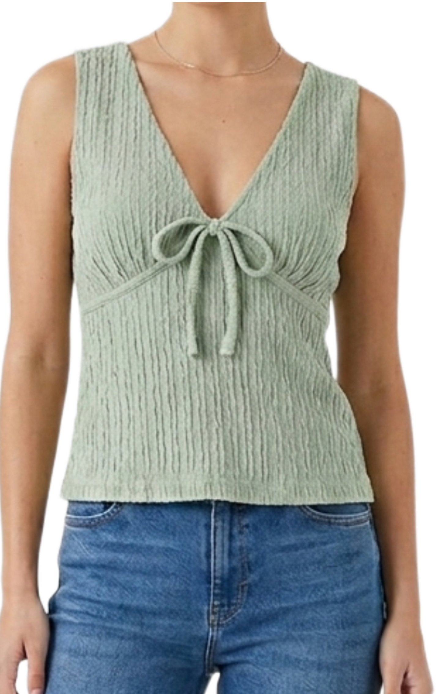 Blusa verde acanalada con escote en V y amarre en pecho