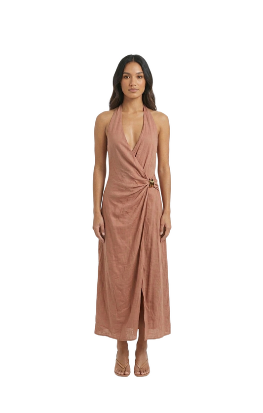 Vestido de manta con escote cruzado, espalda tipo halter