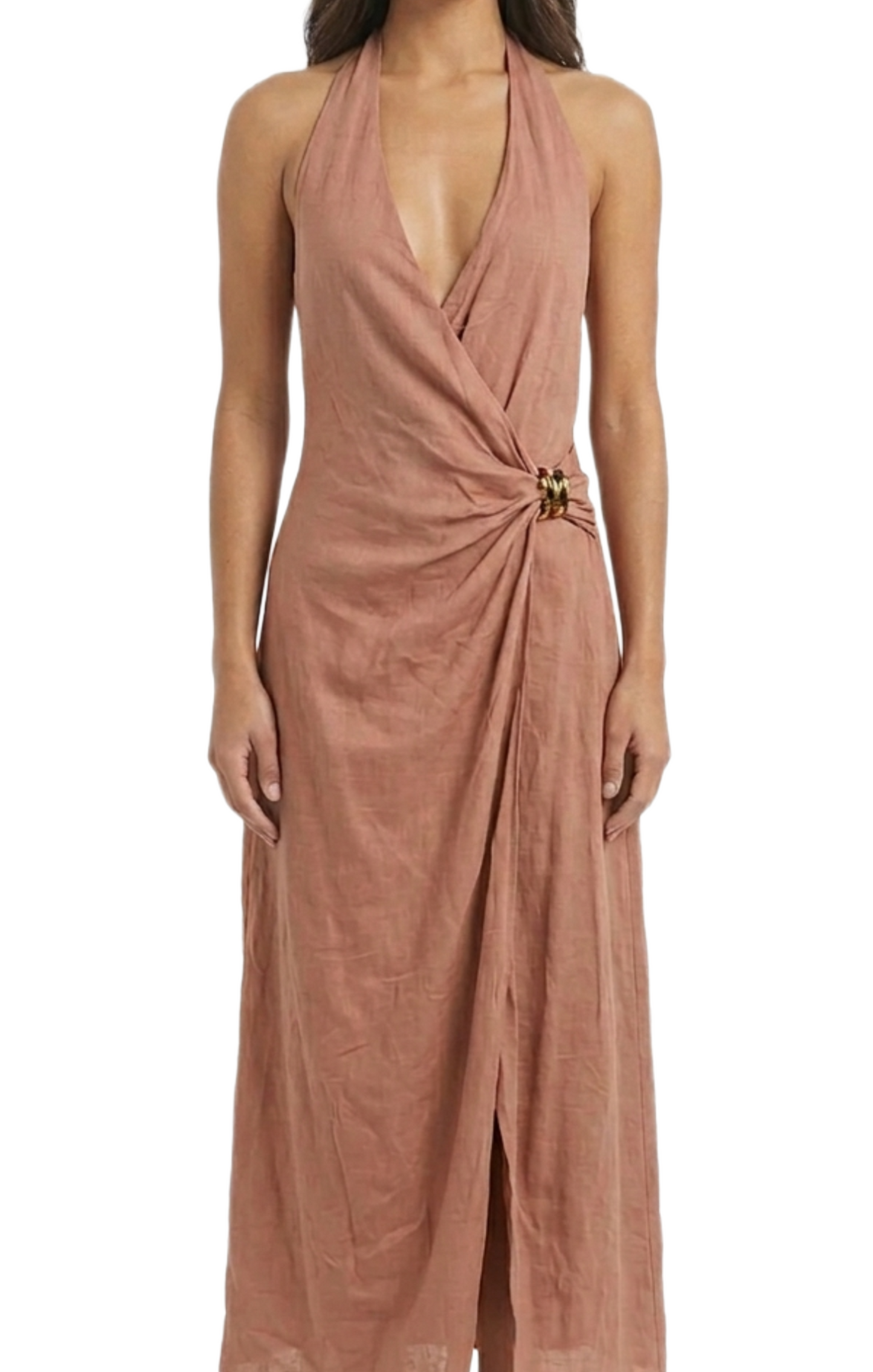 Vestido de manta con escote cruzado, espalda tipo halter