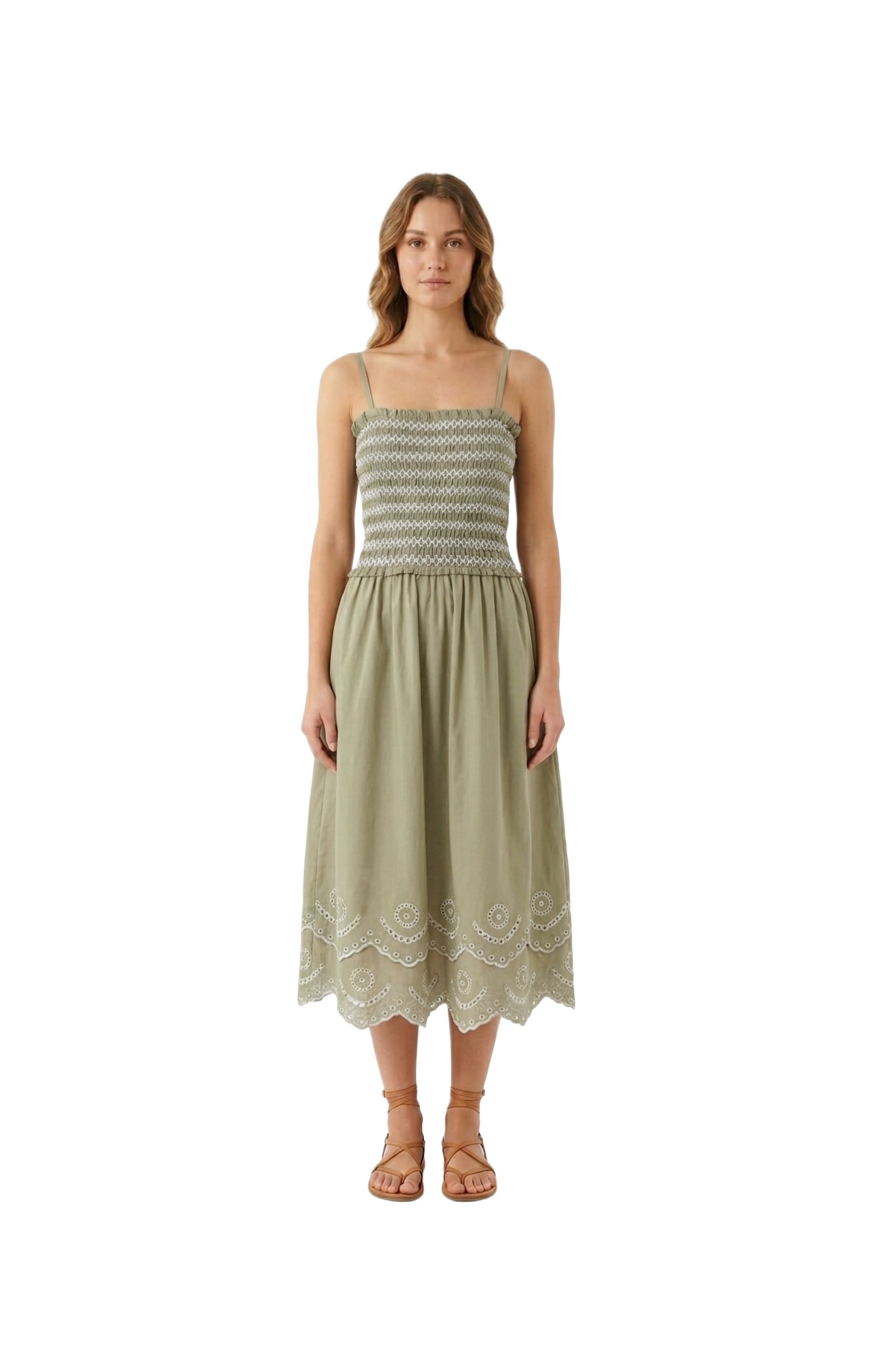 Vestido verde con elástico en pecho y doble olan
