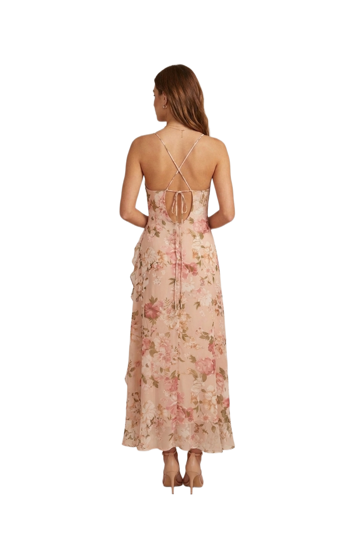 Vestido de tirantes cruzado cafe con flores