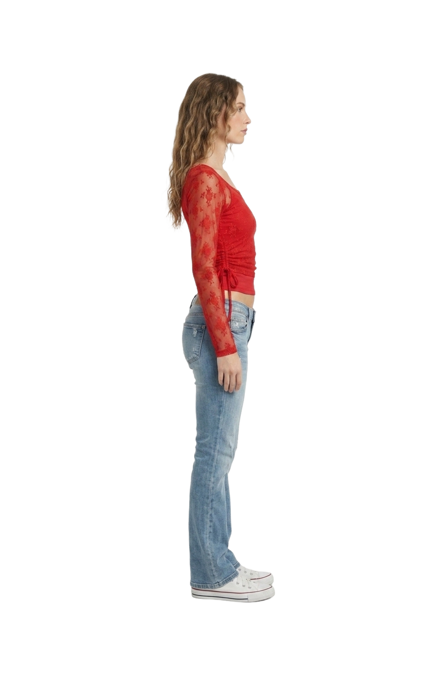 Blusa roja tipo mesh con cuello redondo y amarres laterales
