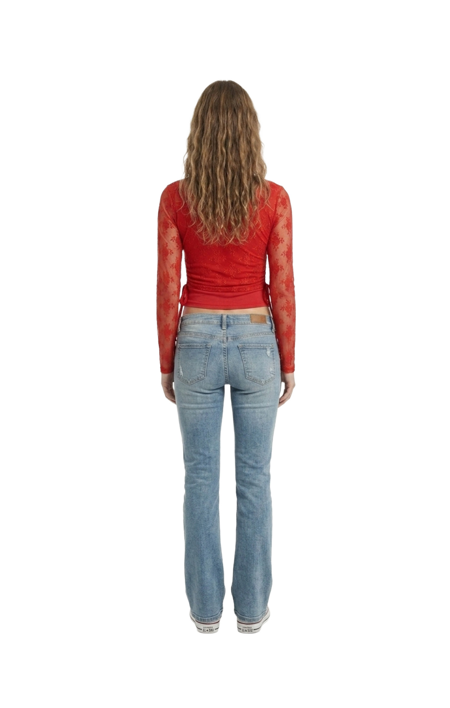 Blusa roja tipo mesh con cuello redondo y amarres laterales