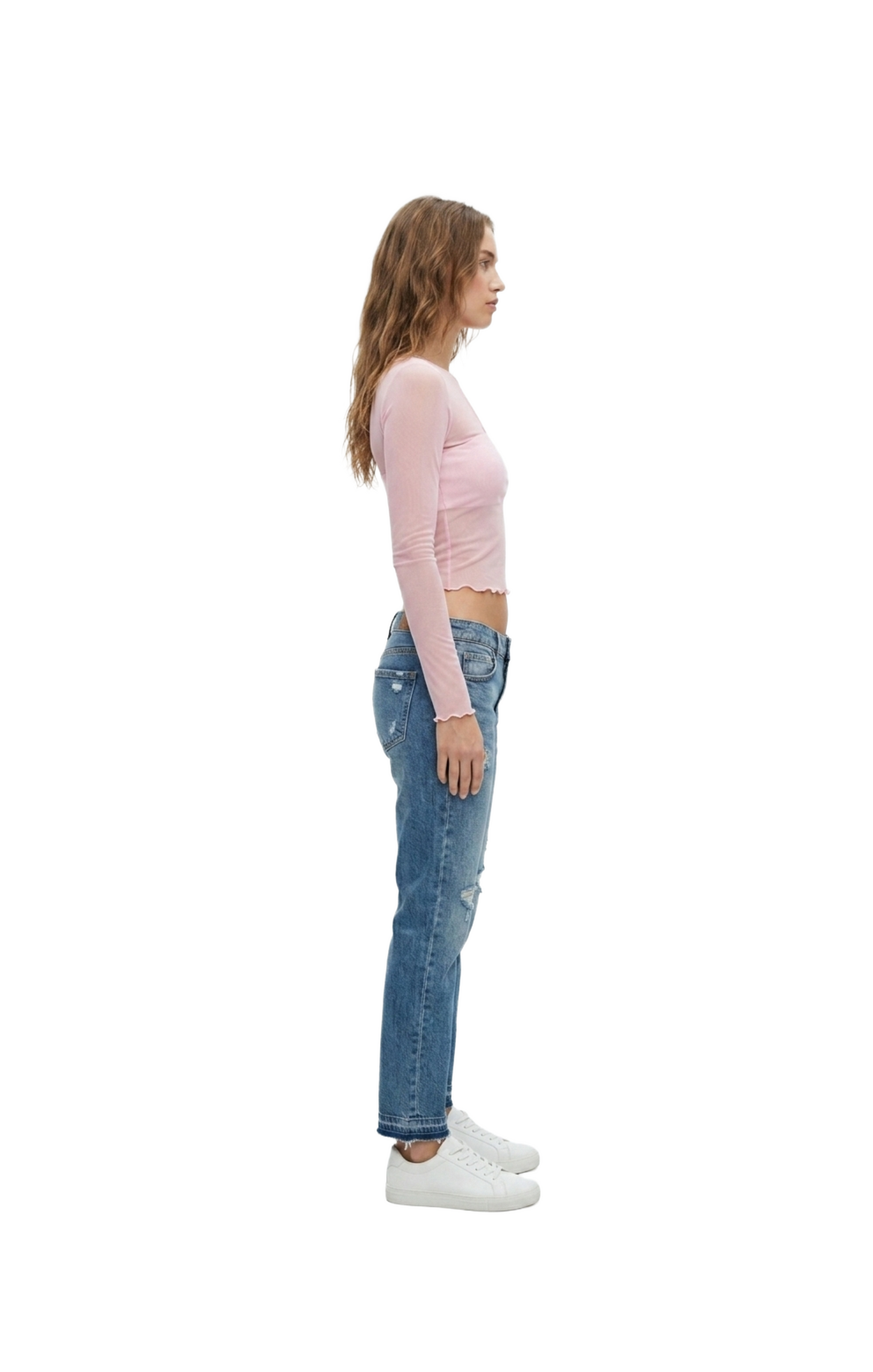 Crop top rosa mesh con escote en pecho tipo ojal