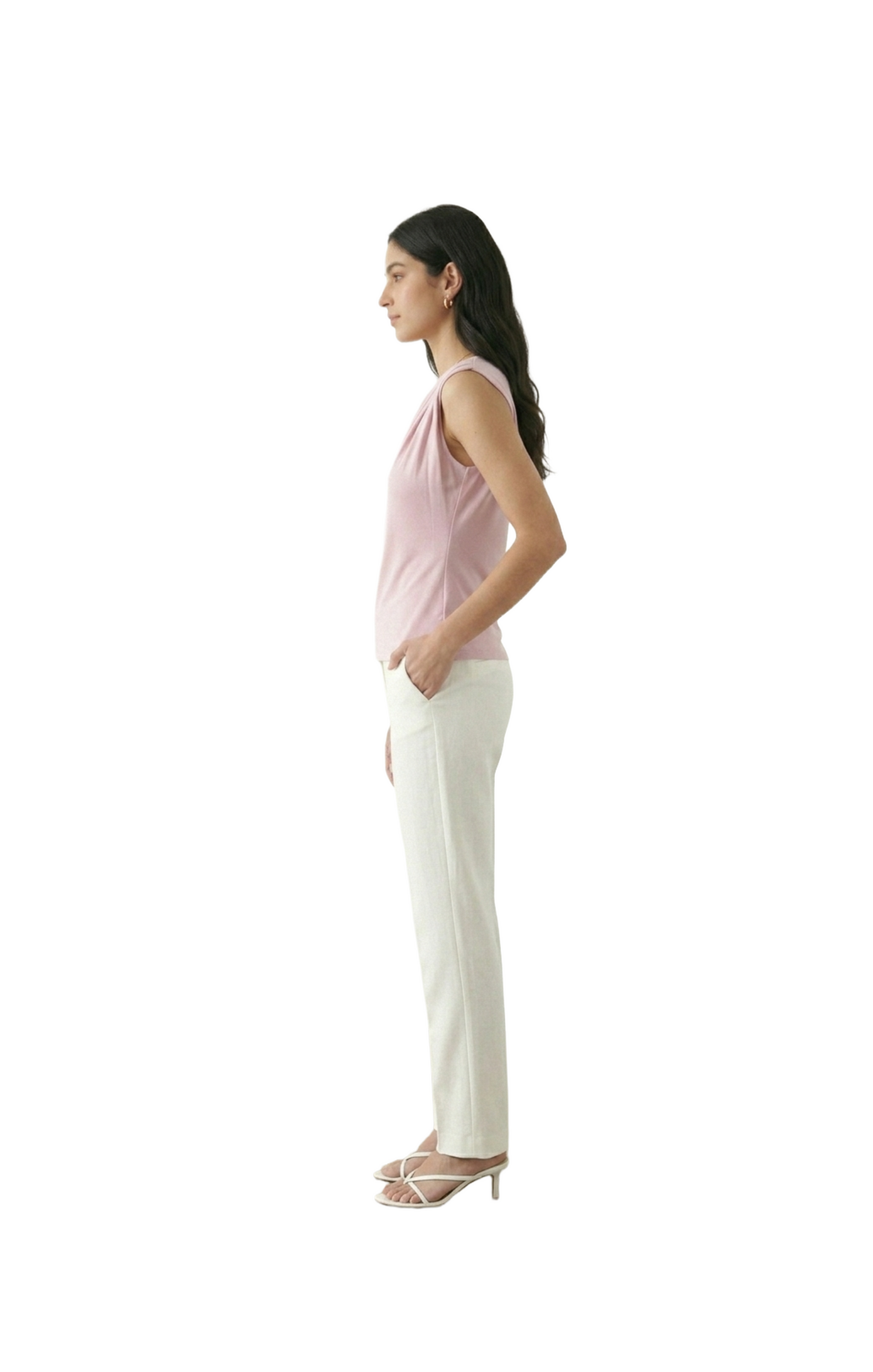 Blusa rosa con cuello redondo y hombro plisado
