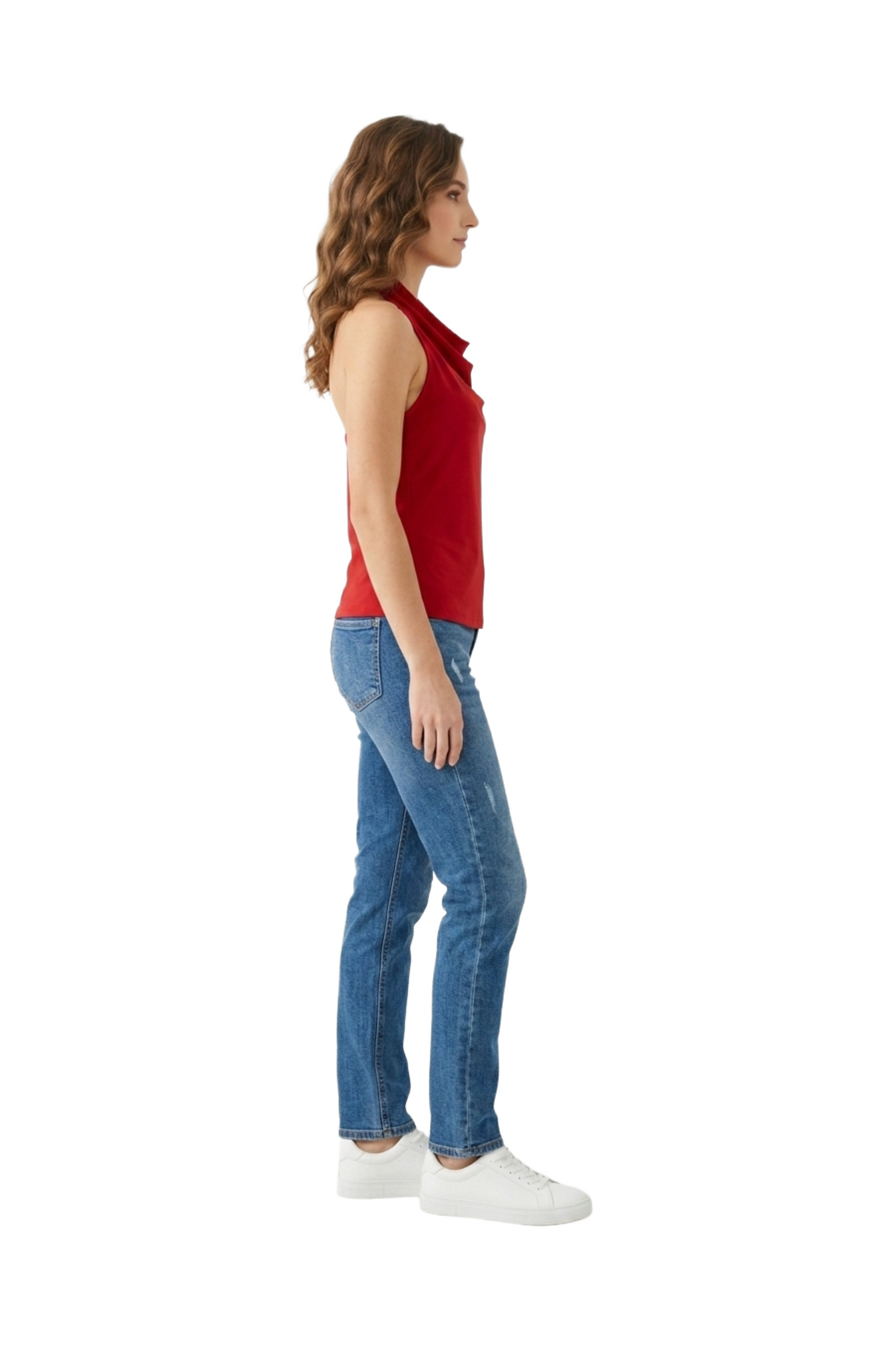 Blusa roja estilo halter roja con cierre a botón en cuello
