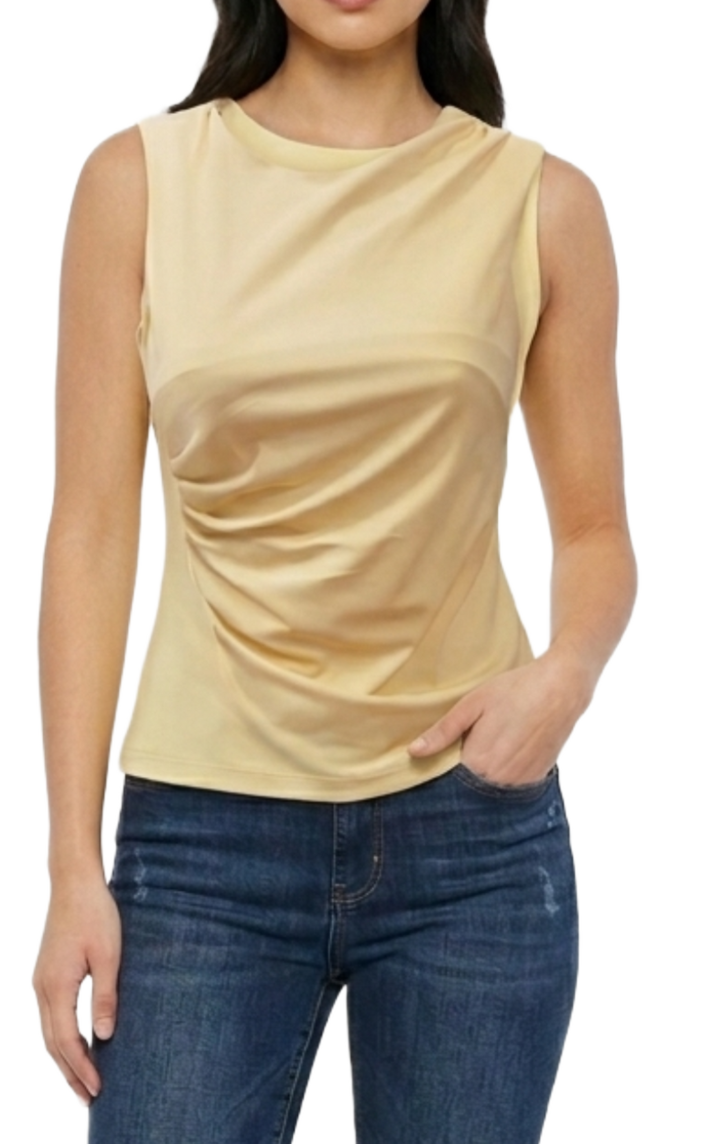 Blusa amarilla plisada lateral de cuello redondo