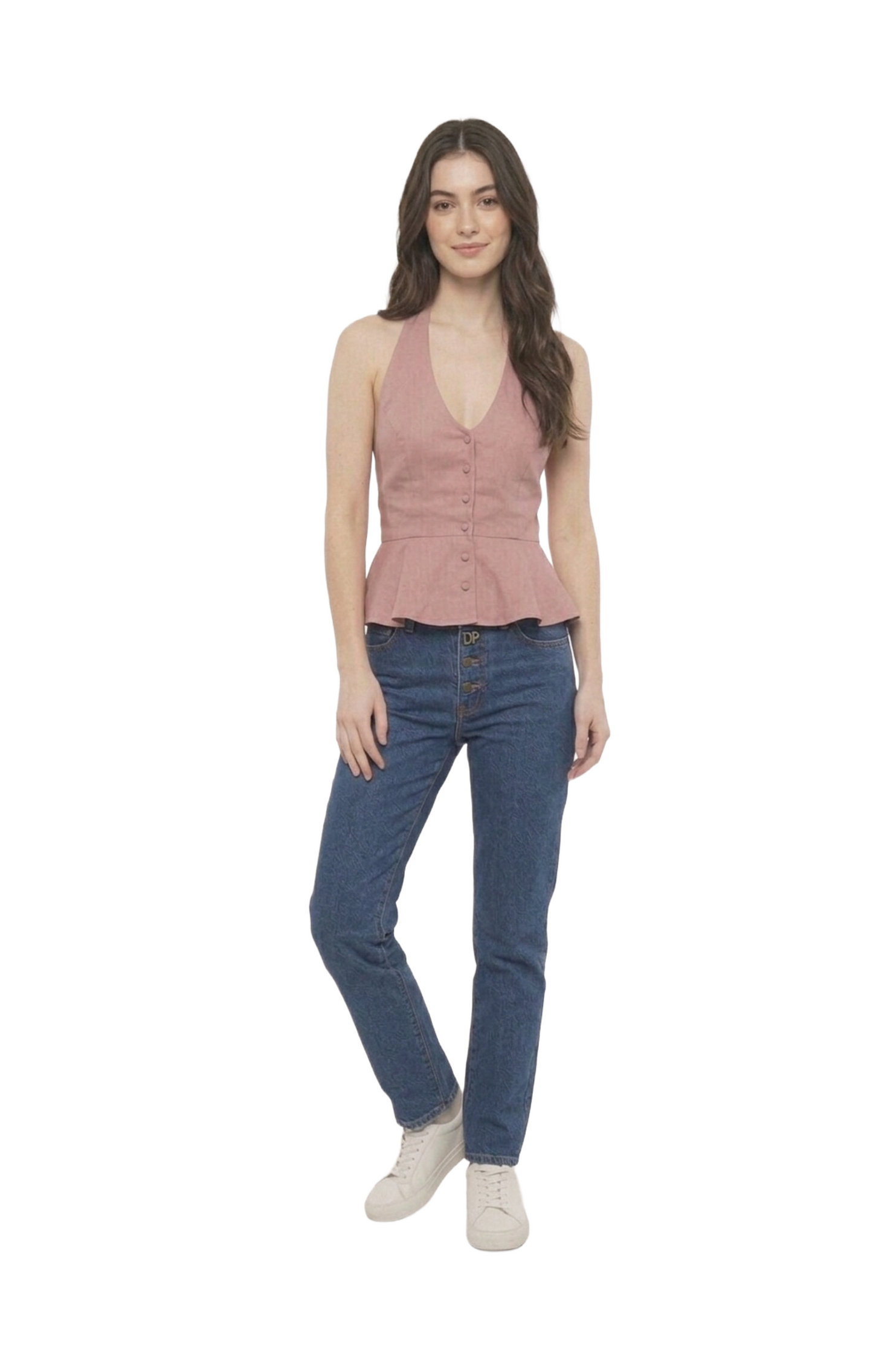 Top morado con escote tipo halter abotonado